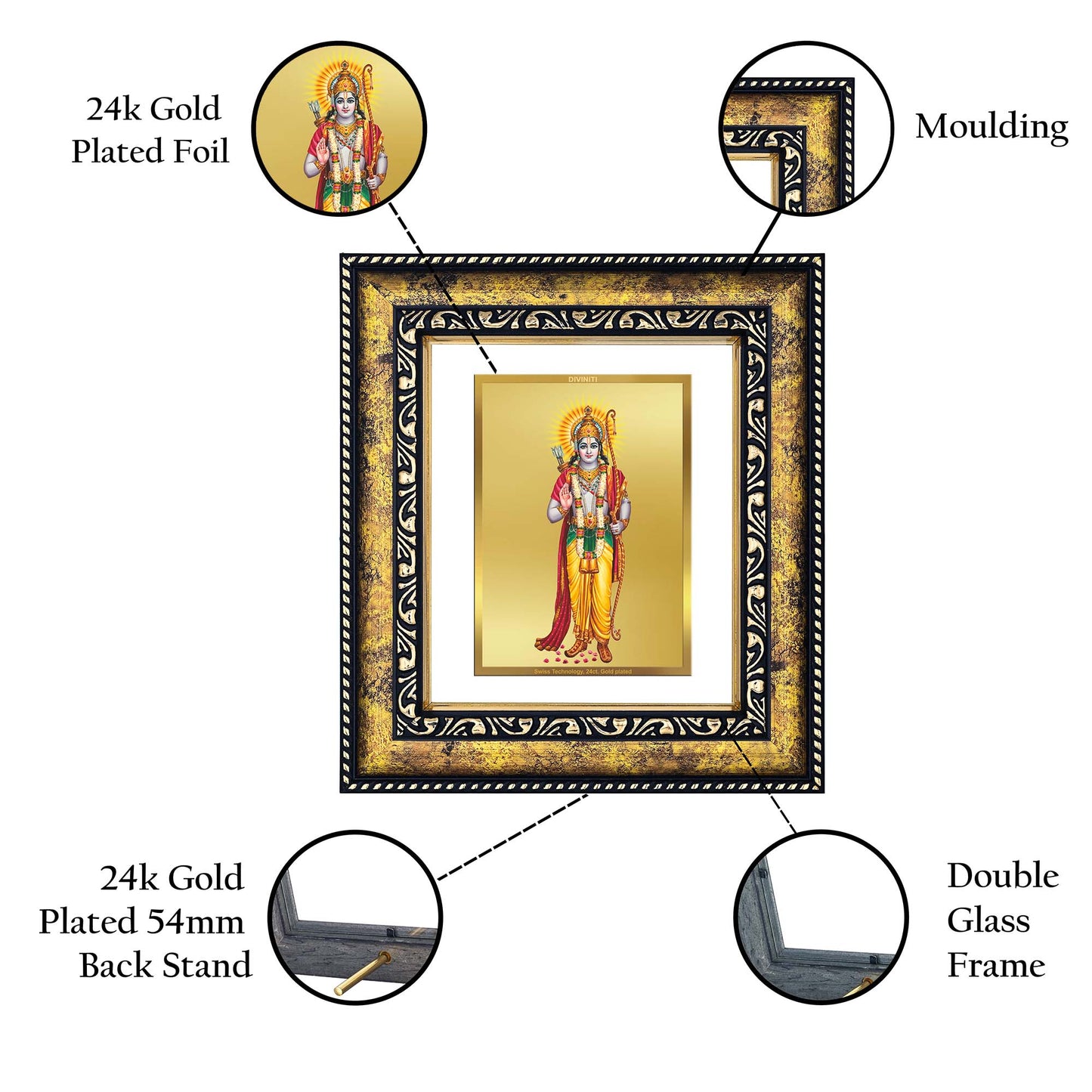 DIVINITI 24K Gold Plated Lord Shri Ram Wooden Luxurious Photo Frame Idol for Home Wall Decor, Workshop, Table Top, Premium Gift | DG113 Size 2 (22.6x18.4 CM)