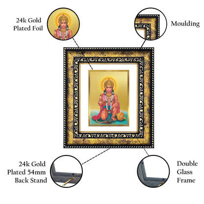 DIVINITI 24K Gold Plated Foil Hanuman Wooden Photo Frame for Home Wall Decor, Workshop, Table Top, Premium Gift | DG113 Size 2 (22.6x18.4 CM)