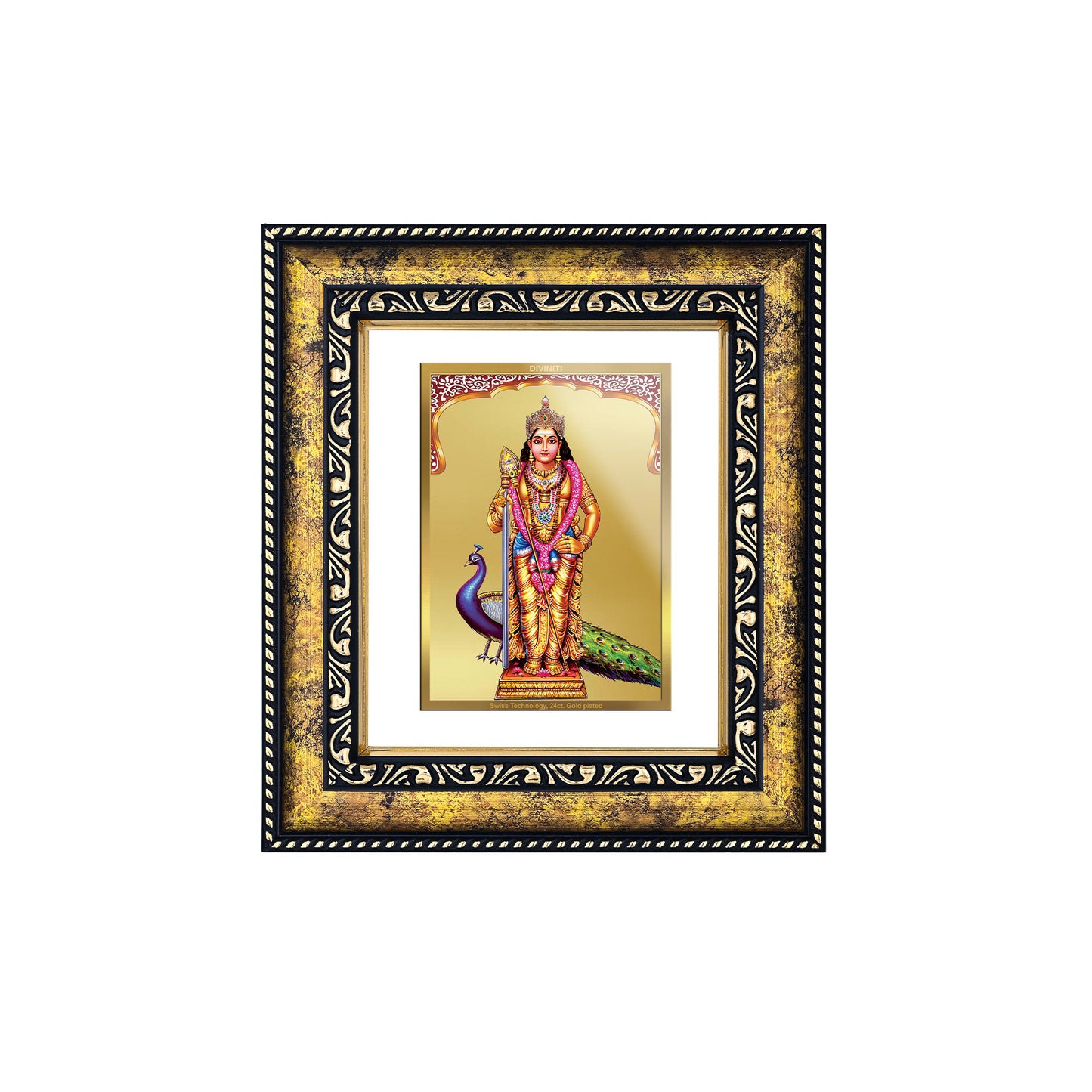 DIVINITI 24K Gold Plated Murugan Wooden Modern Photo Frame Idol for Puja Room, Home Wall Decor, Workshop, Table Top, Premium Gift | DG113 Size 2 (22.6x18.4 CM)