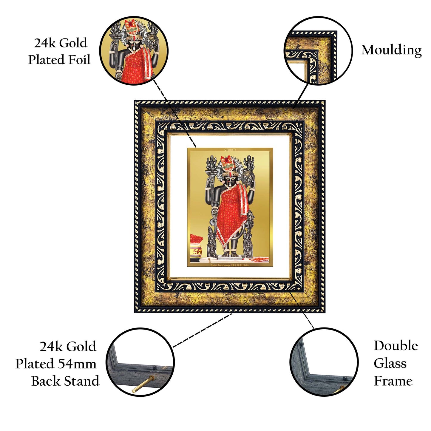 DIVINITI 24K Gold Plated Foil Dwarkadhish Wooden Photo Frame for Home Decor, Table Top, Wall Hanging, Workshop, Premium Gift | DG113 Size 2 (22.6x18.4 CM)