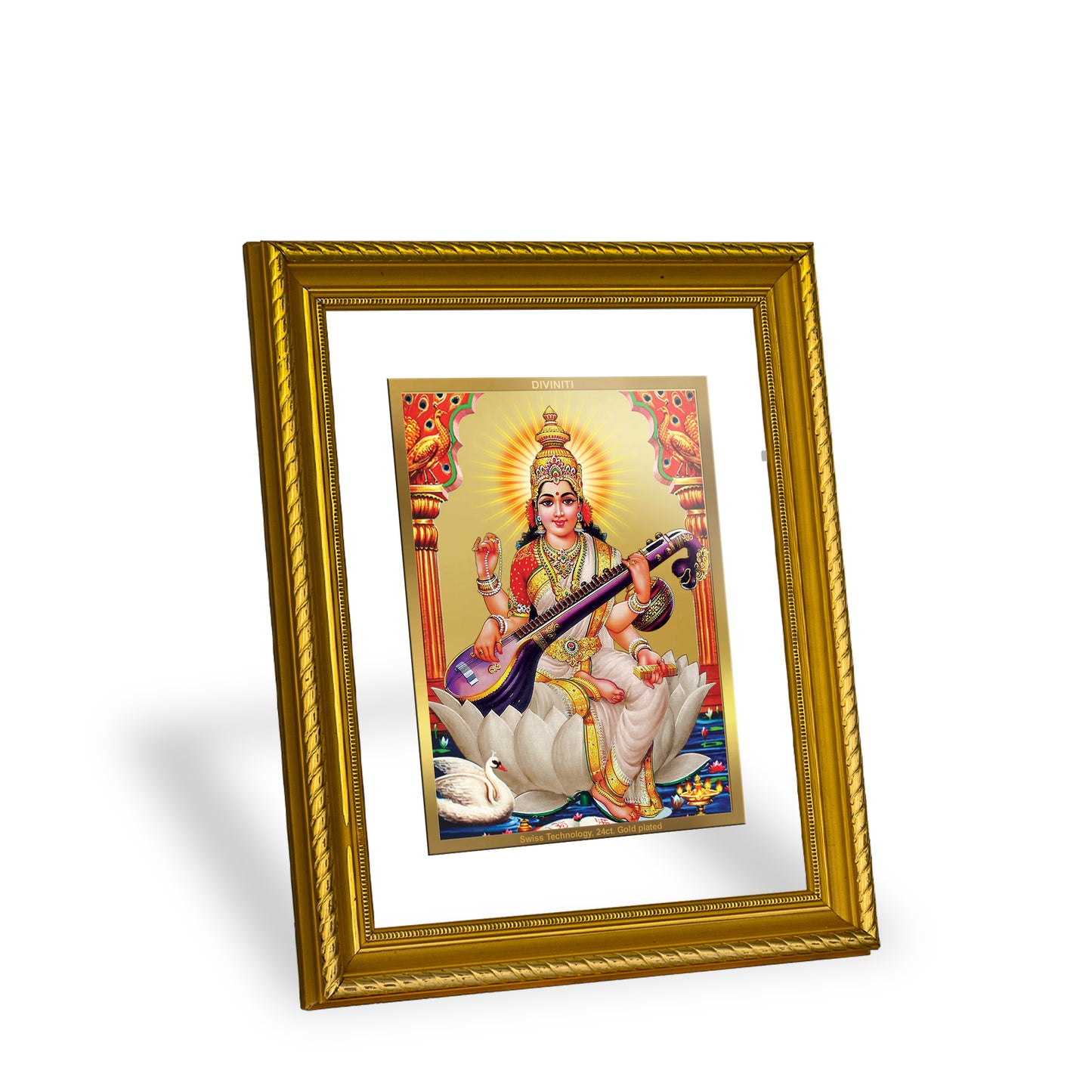 DIVINITI 24K Gold Plated Saraswati Wall Photo Frame for Home Decor, Wall Hanging, Table Top, Puja Room & Gift DG056S3 (27.6X35.4 CM)