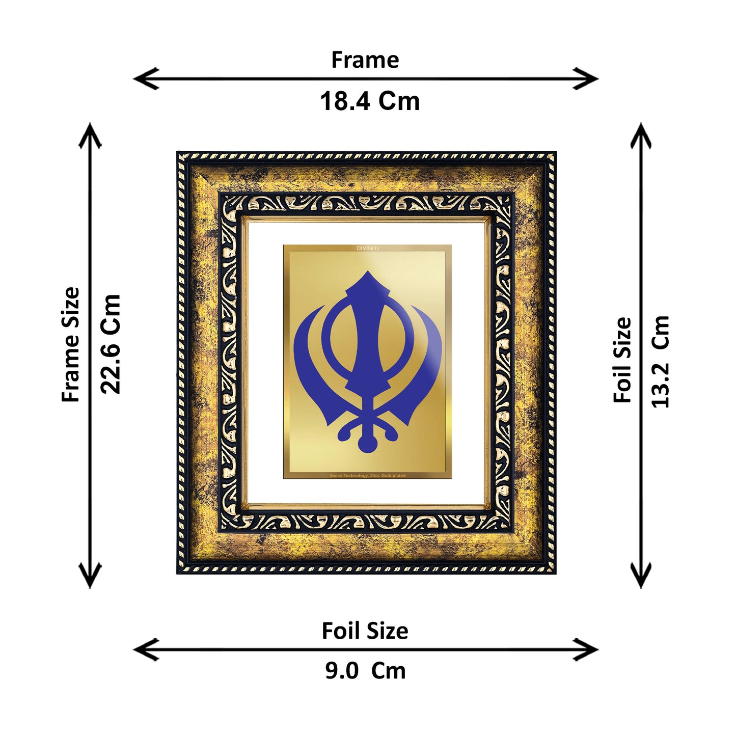 DIVINITI 24K Gold Plated Foil Khanda Sahib Photo Frame for Home Wall Decor, Workshop, Table Top, Premium Gift|DG113 Size 2 (22.6x18.4 CM)