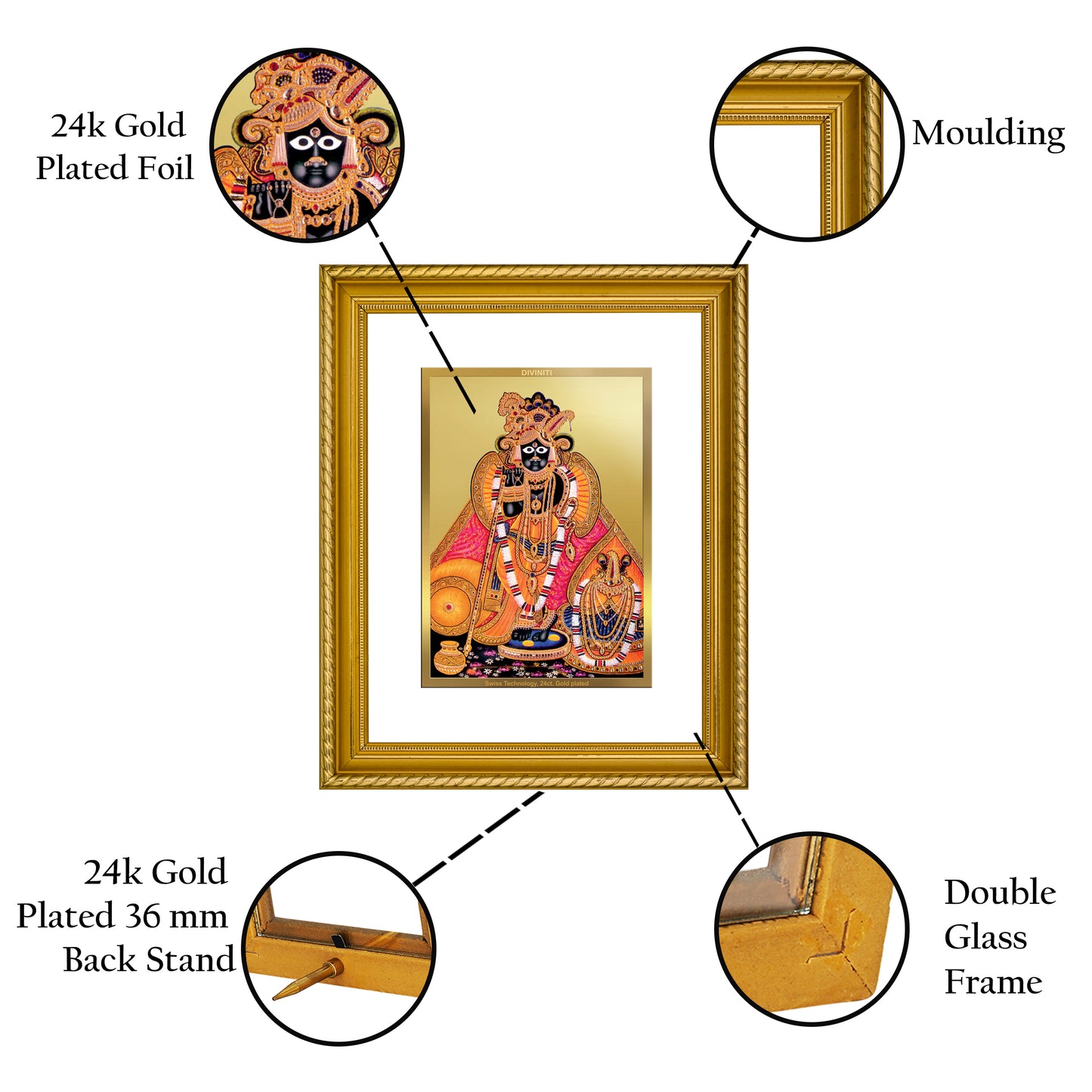 Diviniti 24K Gold Plated Bankey Bihari Wooden Photo Frame for Home & Office Decor, Wall Hanging, Tabletop, Puja Room, Gift DG056S2.5 (29.5x24.5 CM)