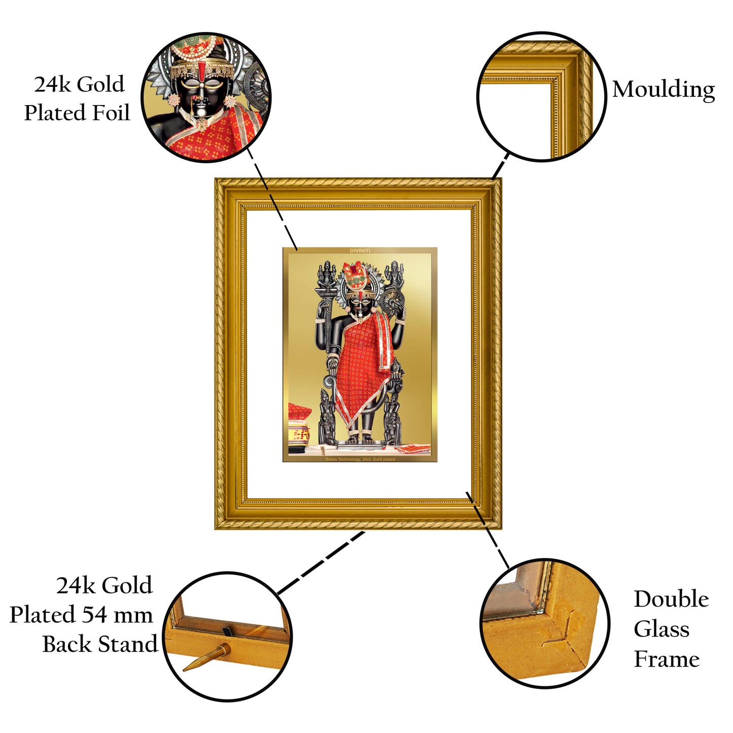 Diviniti 24K Gold Plated Dwarkadhish Wooden Photo Frame for Home & Office Decor, Wall Hanging, Tabletop, Puja Room, Gift DG056S2.5 (29.5x24.5 CM)