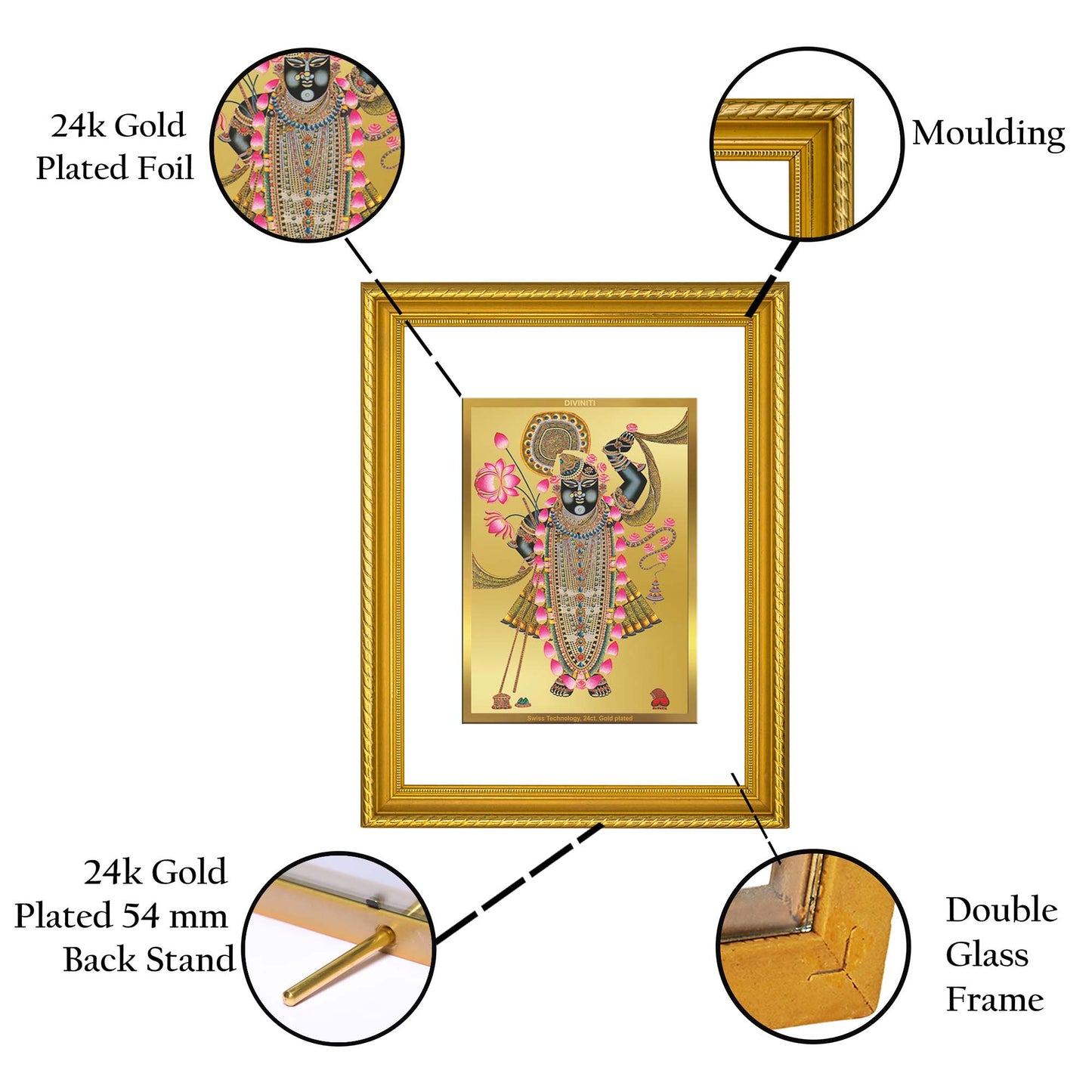 DIVINITI 24K Gold Plated Shrinathji Wooden Premium Photo Frame Idol for Wall Hanging, Workshop, Table Top, Home Decor, Luxury Gift | DG113 Size 2 (22.6x18.4 CM)