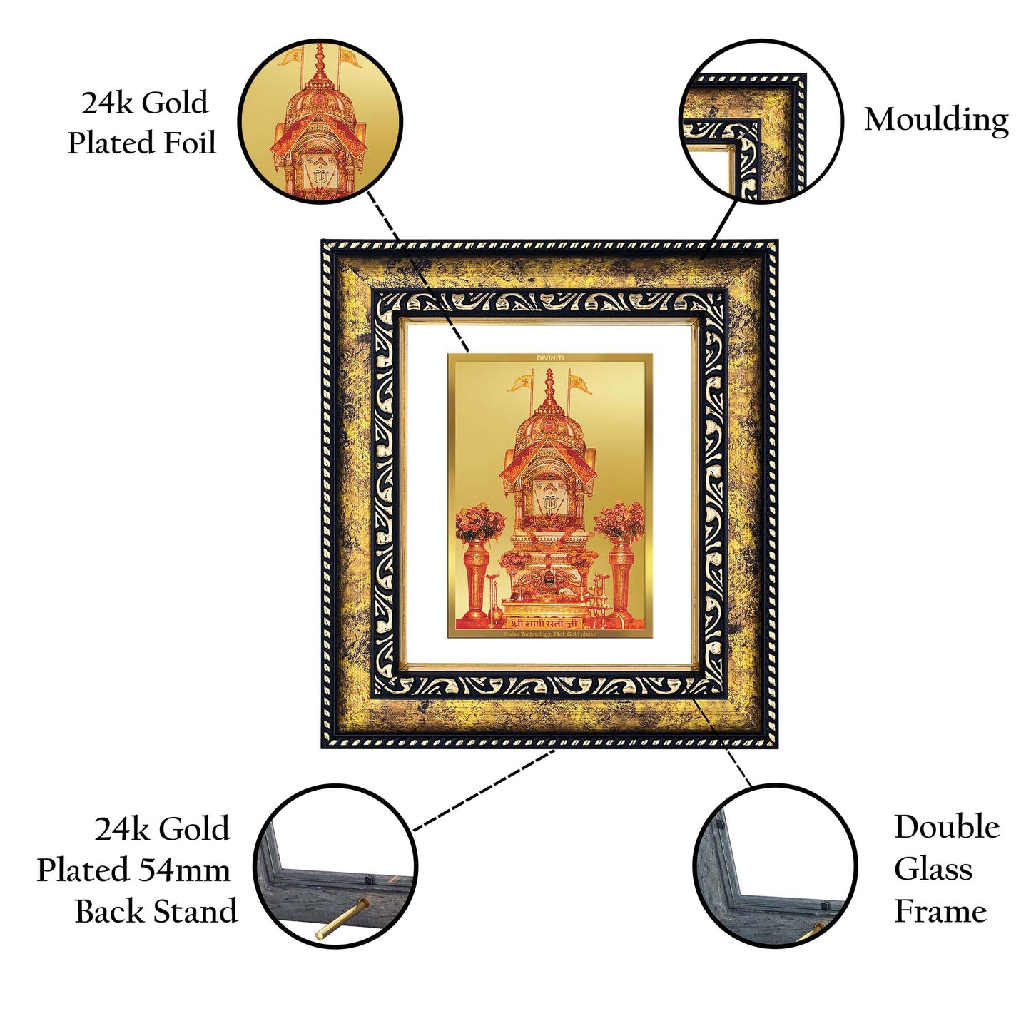 DIVINITI 24K Gold Plated Rani Sati Photo Frame Idol for Home Decor, Puja Room, Table Top, Wall Hanging, Workshop, Luxurious Gift|DG113 Size 2 (22.6x18.4 CM)