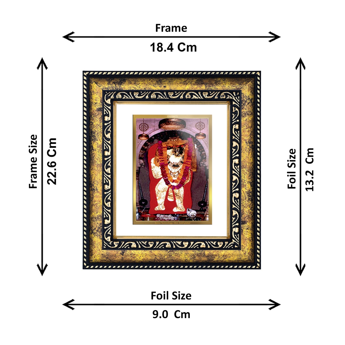 DIVINITI 24K Gold Plated Mahendipur Balaji Premium Photo Frame Idol for Puja Room, Home Wall Decor, Workshop, Table Top, Premium Gift|DG113 Size 2 (22.6x18.4 CM)