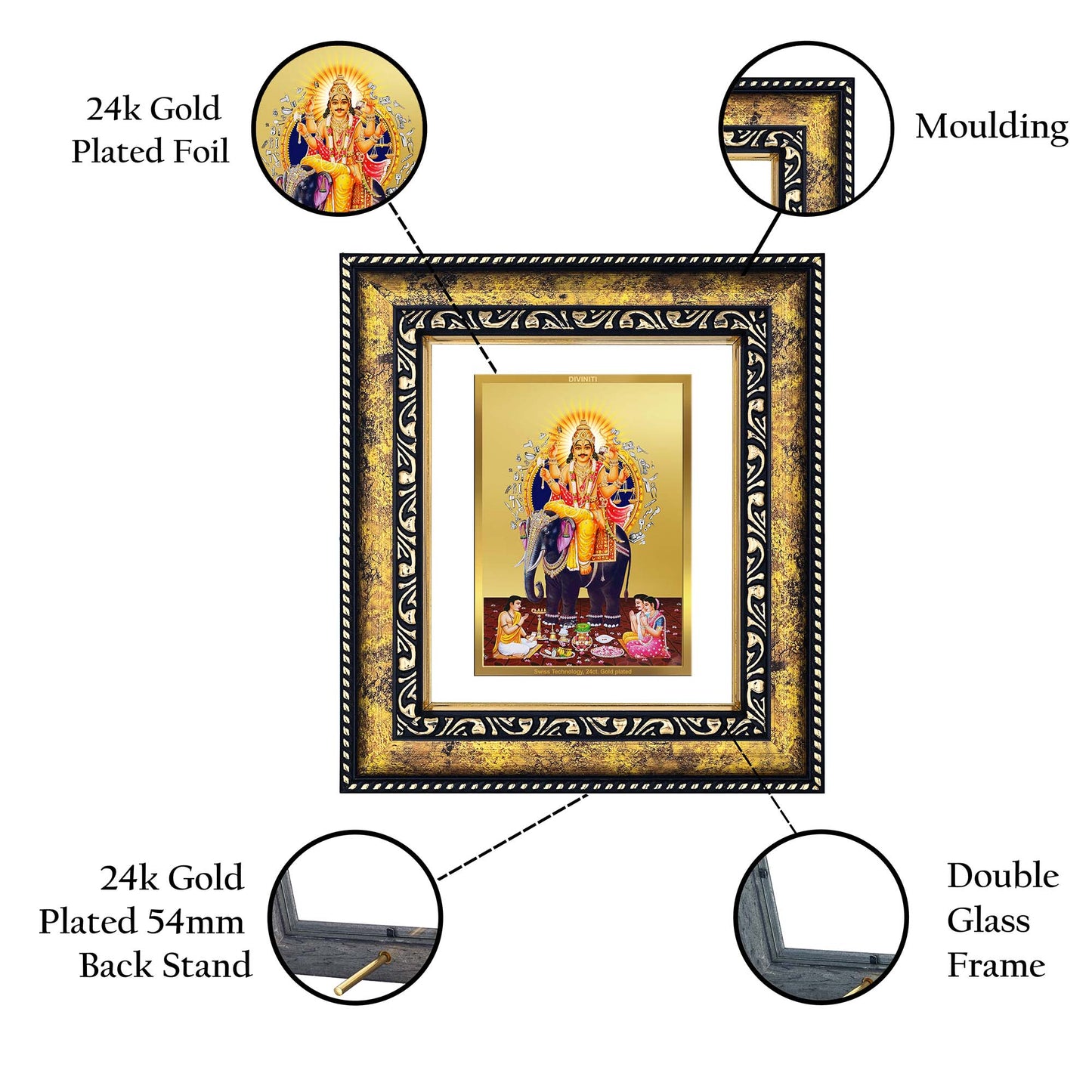 DIVINITI 24K Gold Plated Vishwakarma Wooden Luxurious Photo Frame Idol for Home Wall Decor, Workshop, Table Top, Premium Gift | DG113 Size 2 (22.6x18.4 CM)