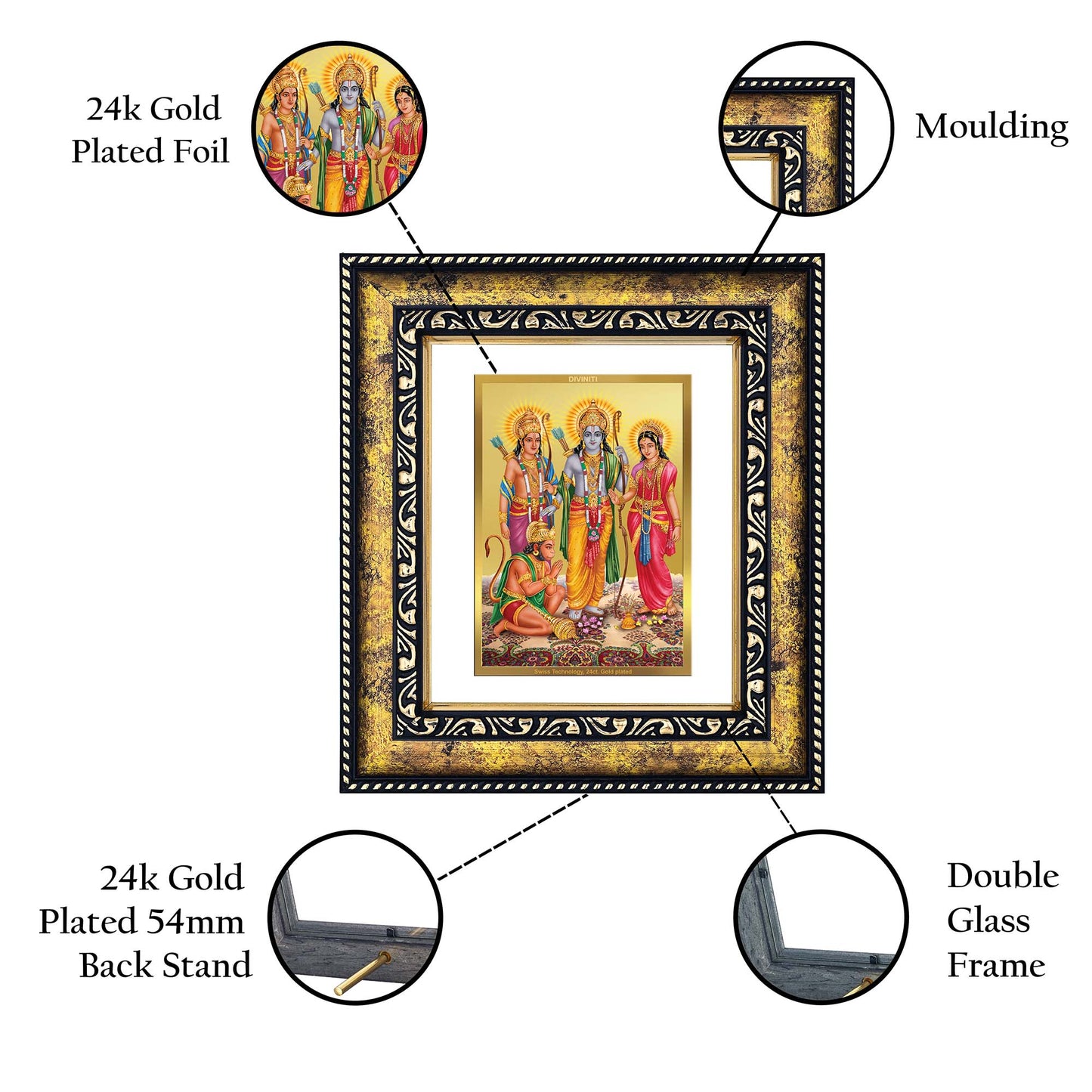 DIVINITI 24K Gold Plated Shri Ram Darbar Wooden Premium Photo Frame Idol for Puja Room, Home Wall Decor, Workshop, Table Top, Premium Gift | DG113 Size 2 (22.6x18.4 CM)