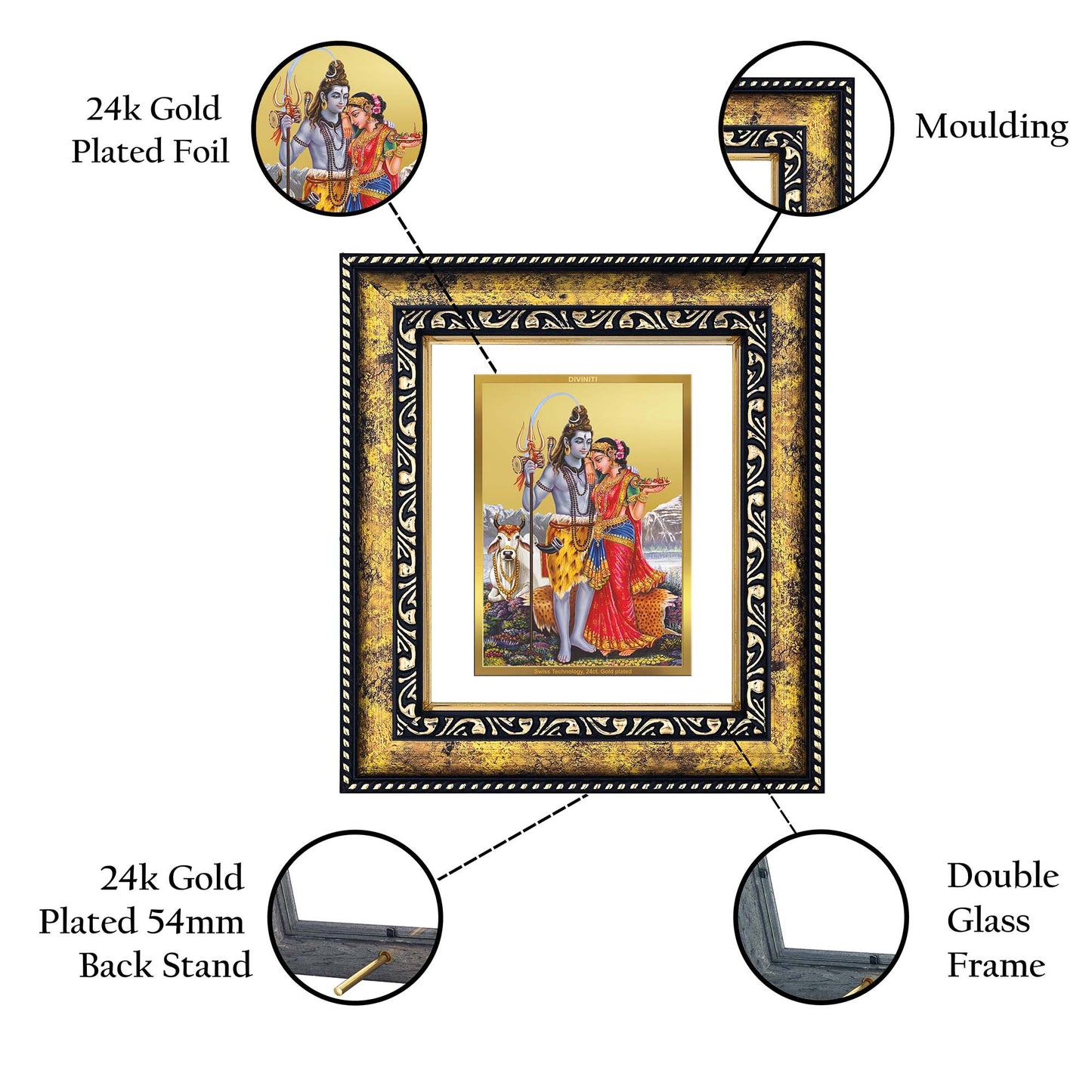 DIVINITI 24K Gold Plated Shiv Parvati Wooden Traditional Photo Frame Idol for Home Wall Decor, Workshop, Table Top, Premium Gift | DG113 Size 2 (22.6x18.4 CM)