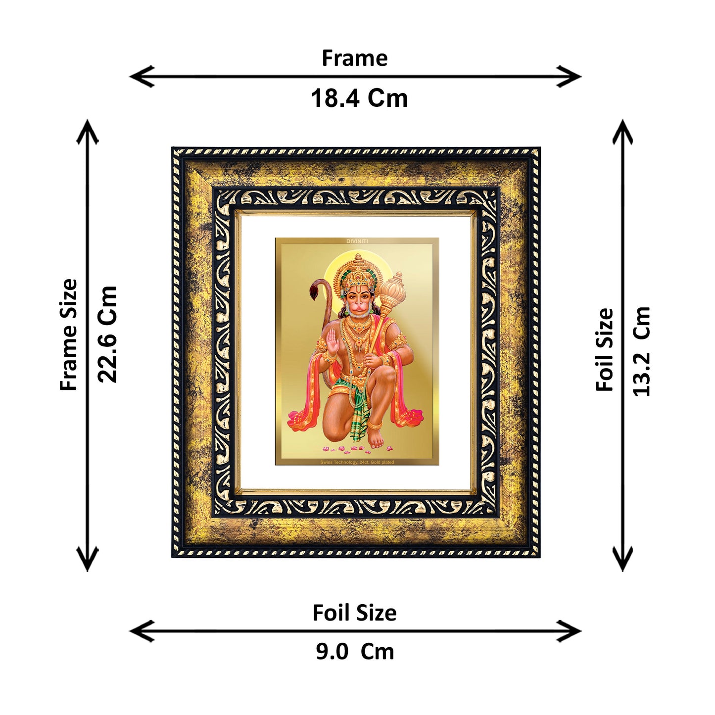 DIVINITI 24K Gold Plated Foil Lord Hanuman Photo Frame for Wall Hanging, Workshop, Table Top, Home Decor, Gift|DG113 Size 2 (22.6x18.4 CM)