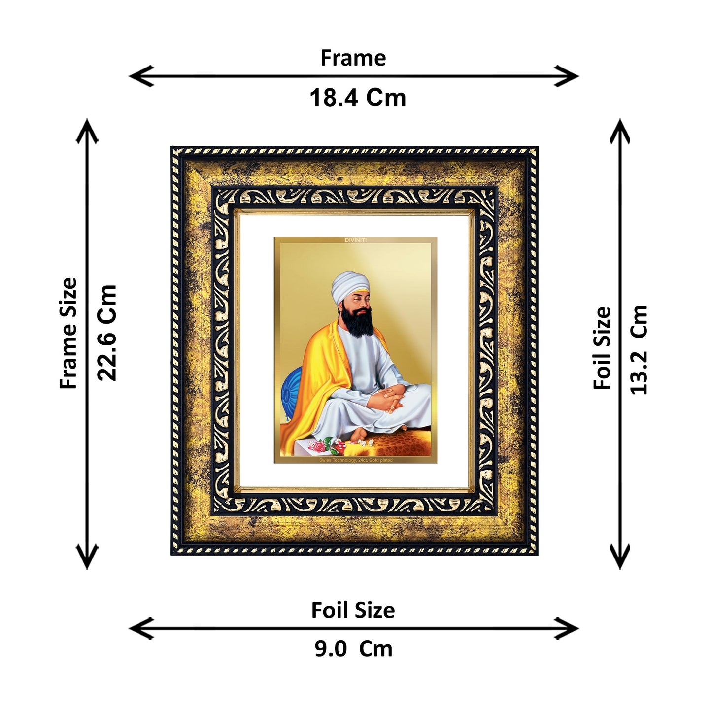 DIVINITI 24K Gold Plated Foil Guru Tegh Bahadur Ji Photo Frame for Home Decor, Puja Room, Table Top, Wall Hanging, Workshop, Gift|DG113 Size 2 (22.6x18.4 CM)