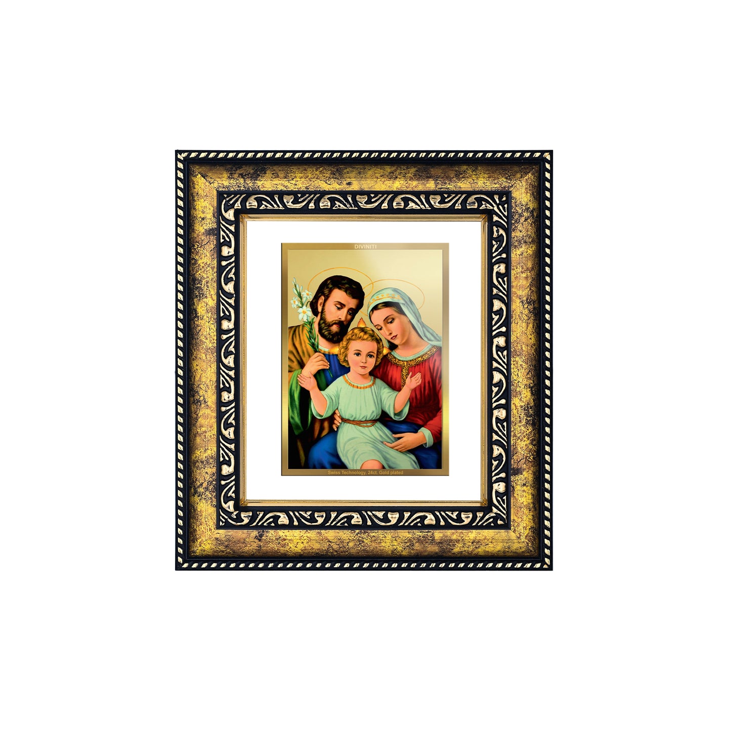 DIVINITI 24K Gold Plated Foil Holy Family Photo Frame for Home Decor, Puja Room, Table Top, Wall Hanging, Workshop, Gift|DG113 Size 2 (22.6x18.4 CM)