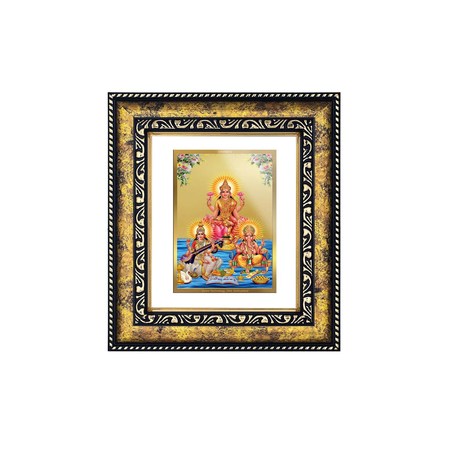 DIVINITI 24K Gold Plated Lakshmi Ganesha Saraswati Traditional Photo Frame Idol for Home Decor, Table Top, Wall Hanging, Workshop, Premium Gift|DG113 Size 2 (22.6x18.4 CM)