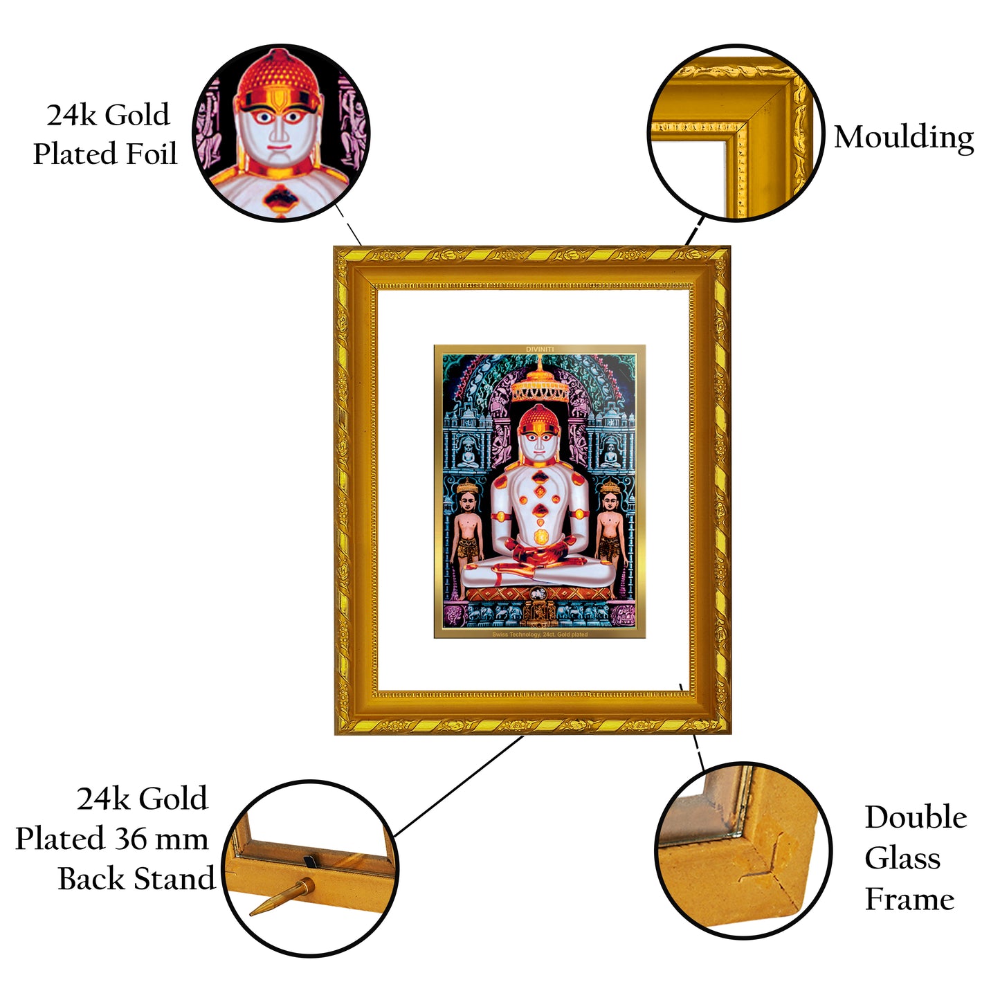 DIVINITI 24K Gold Plated Adinath Photo Frame Idol for Home Decor, Table Top, Wall Hanging, Workshop, Premium Gift|DG103 Size 2 (22.6x18.4 CM)