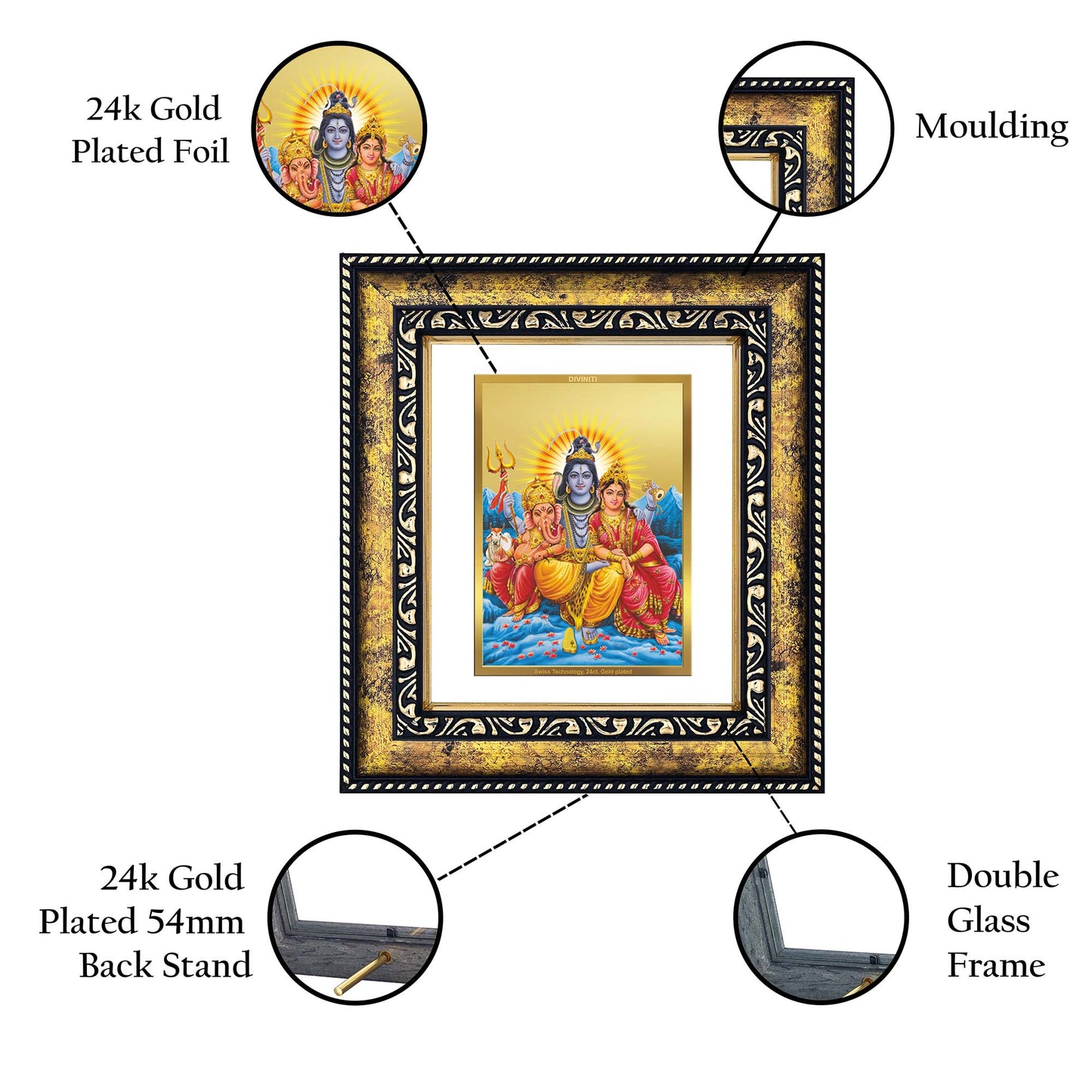 DIVINITI 24K Gold Plated Lord Shiv Parivar Wooden Elegant Photo Frame Idol for Wall Hanging, Workshop, Table Top, Home Decor, Luxury Gift | DG113 Size 2 (22.6x18.4 CM)