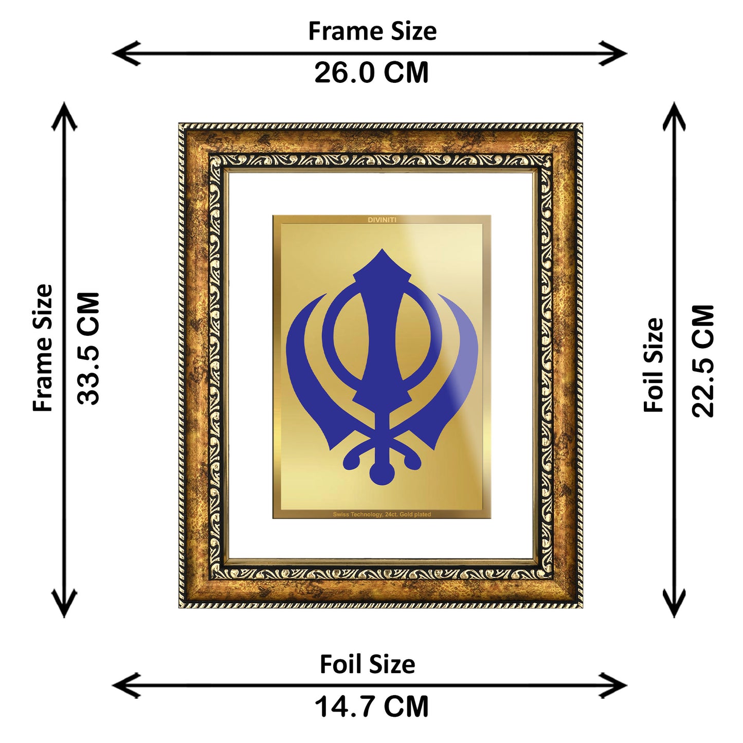 DIVINITI 24K Gold Plated Khanda Sahib Wall Photo Frame for Home Decor, Wall Hanging, Table Top, Puja Room & Gift DG113S3 (27.6X35.4 CM)