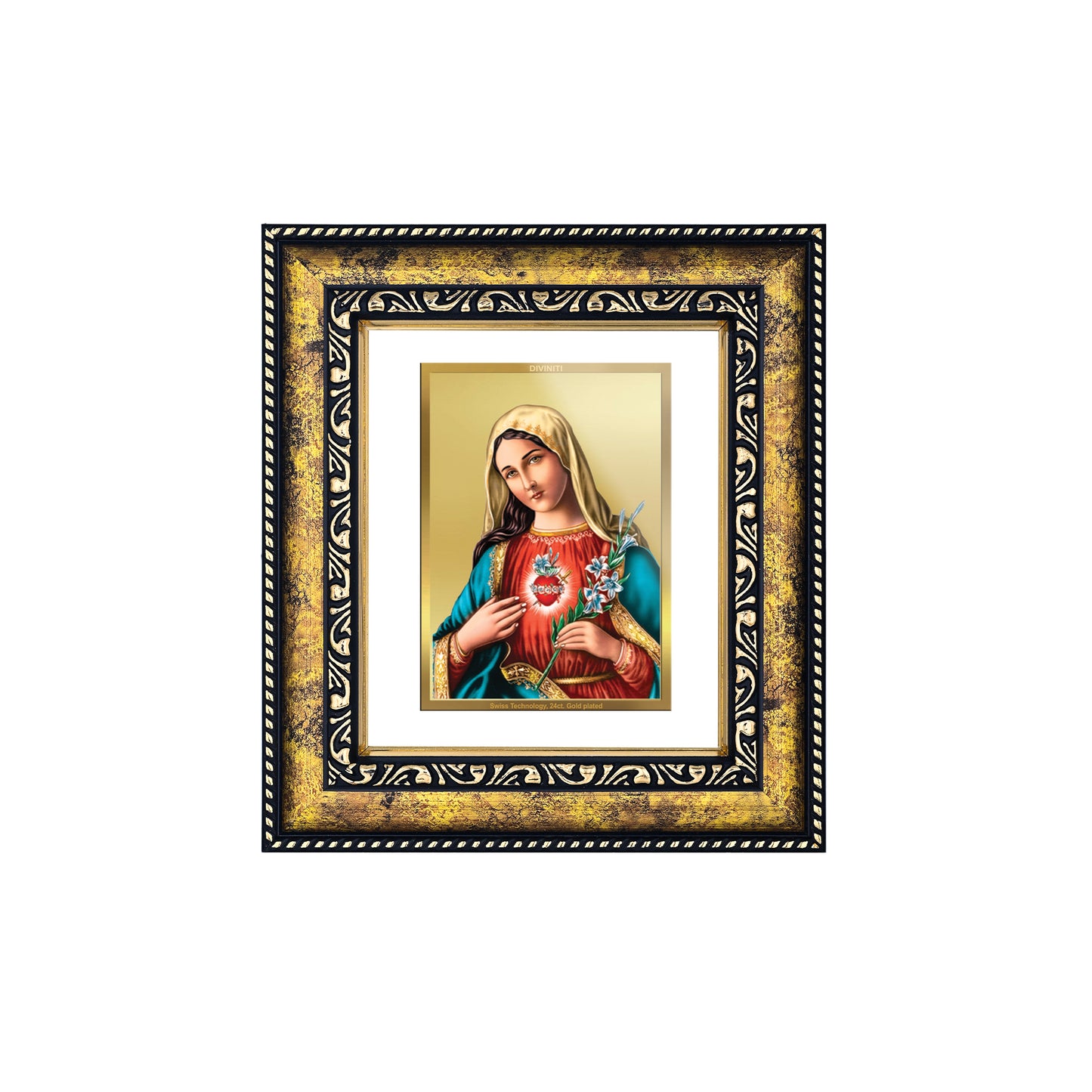 DIVINITI 24K Gold Plated Mother Mary Traditional Photo Frame Idol for Home Wall Decor, Workshop, Table Top, Premium Gift|DG113 Size 2 (22.6x18.4 CM)