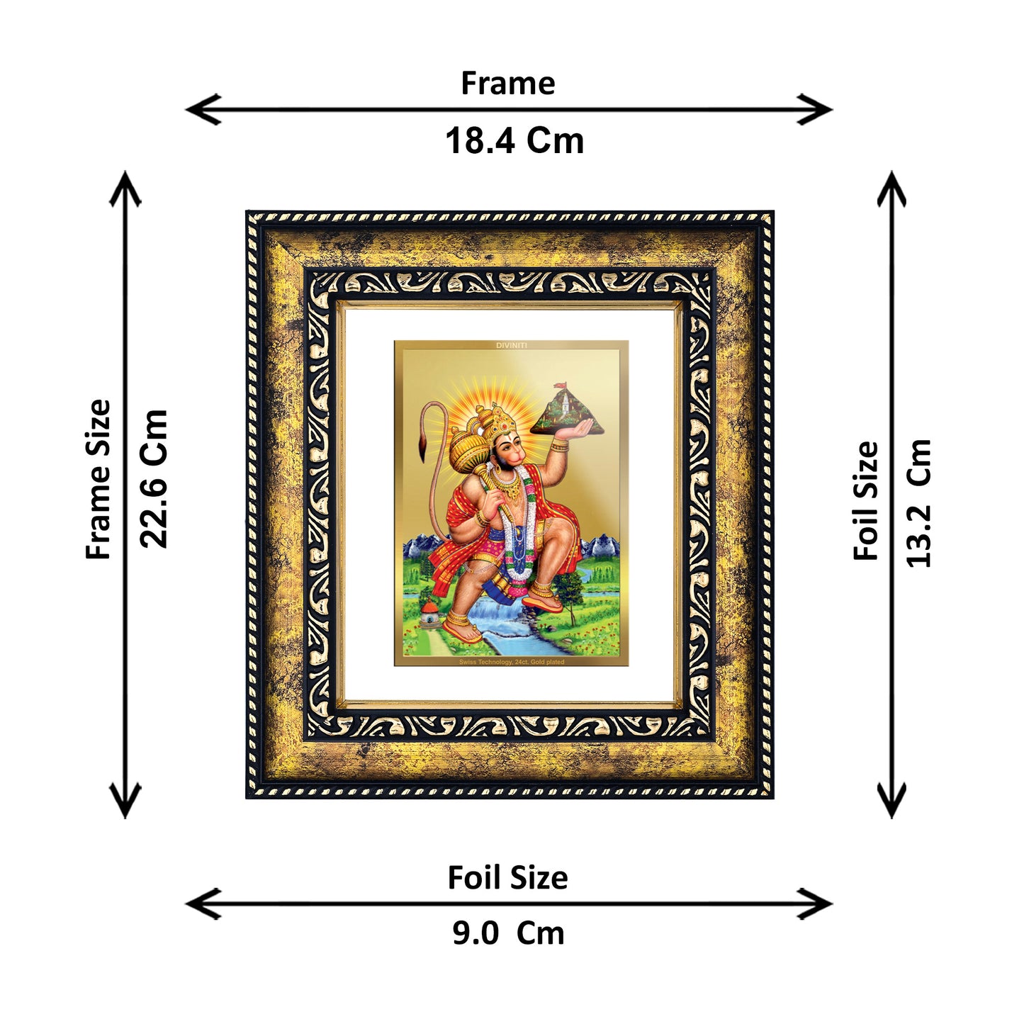 DIVINITI 24K Gold Plated Foil Hanuman With Parvat Photo Frame for Home & Office Decor, Wall Hanging, Workshop, Table Top, Gift|DG113 Size 2 (22.6x18.4 CM)