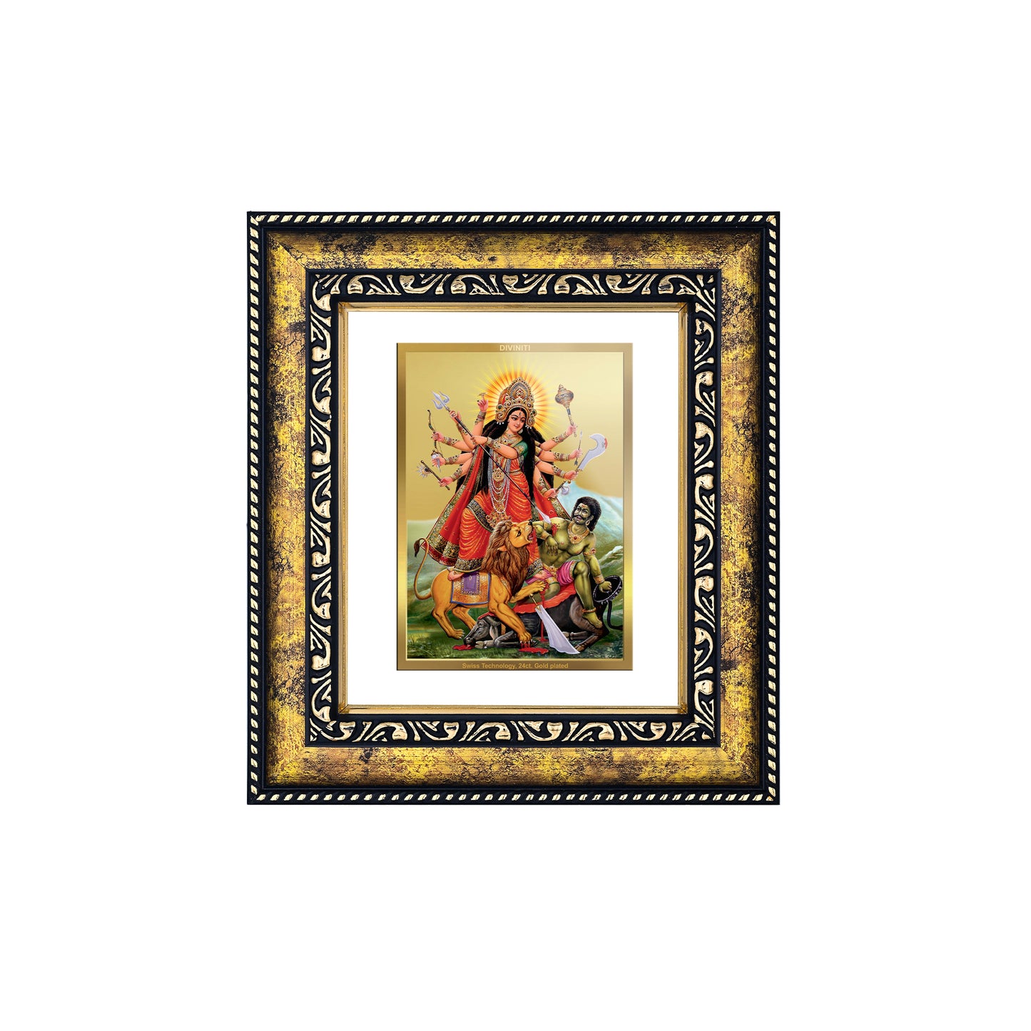 DIVINITI 24K Gold Plated Foil Goddess Durga Premium Photo Frame for Home Decor, Wall Hanging, Workshop, Table Top, Premium Gift|DG113 Size 2 (22.6x18.4 CM)