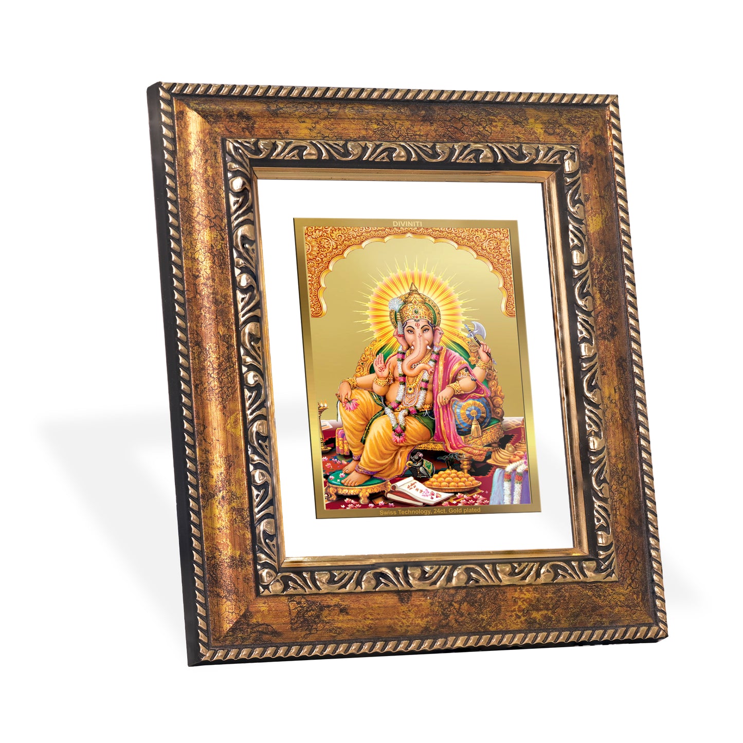 DIVINITI 24K Gold Plated Foil Lord Ganesha Wall Photo Frame, Table Decor for Home & Office Decor Gift Items DG 113 Size 1 (17.7x15.9 CM)