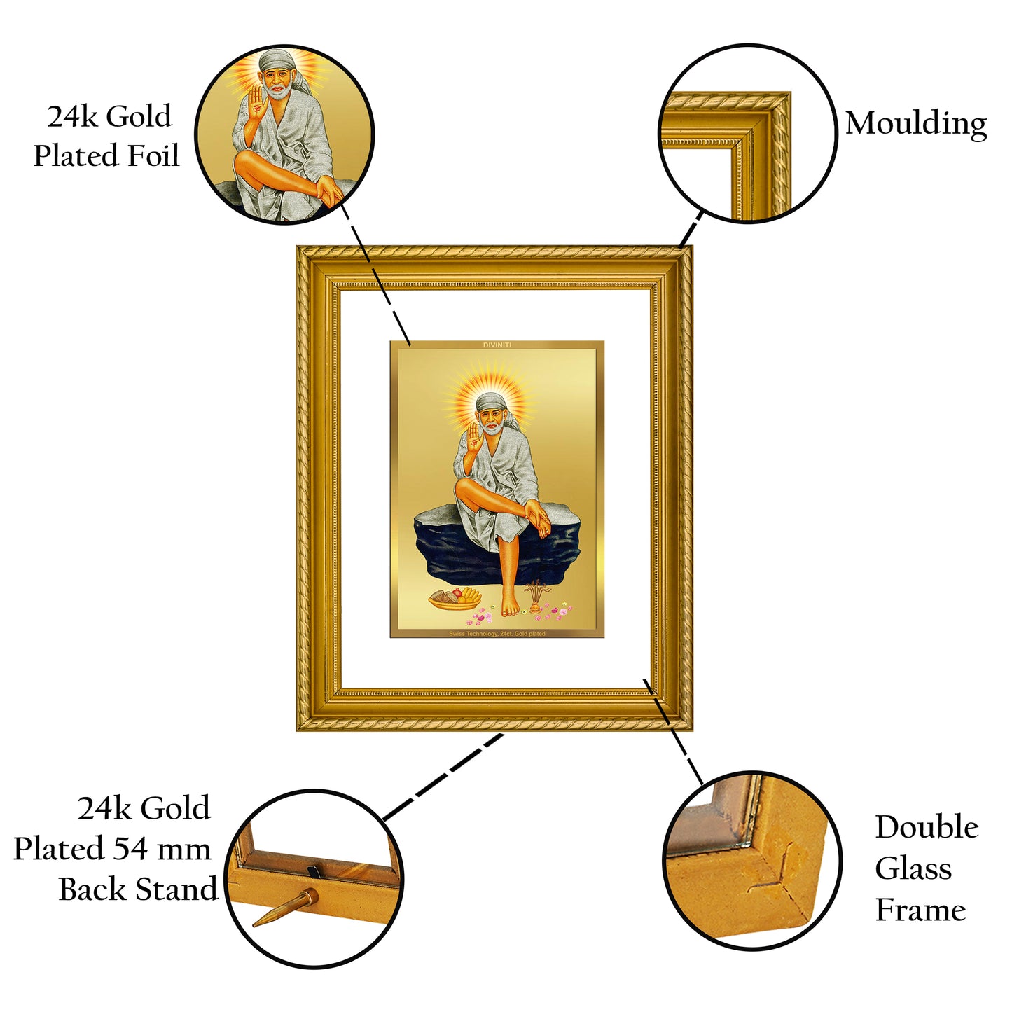 DIVINITI 24K Gold Plated Sai Baba Wall Photo Frame for Home Decor, Wall Hanging, Table Top, Puja Room & Gift DG056S3 (27.6X35.4 CM)