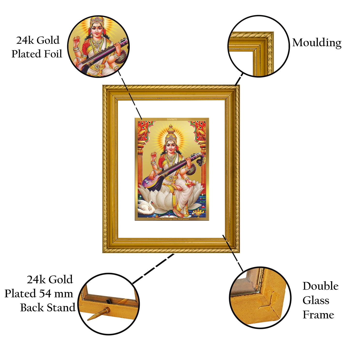 DIVINITI 24K Gold Plated Saraswati Wall Photo Frame for Home Decor, Wall Hanging, Table Top, Puja Room & Gift DG056S3 (27.6X35.4 CM)