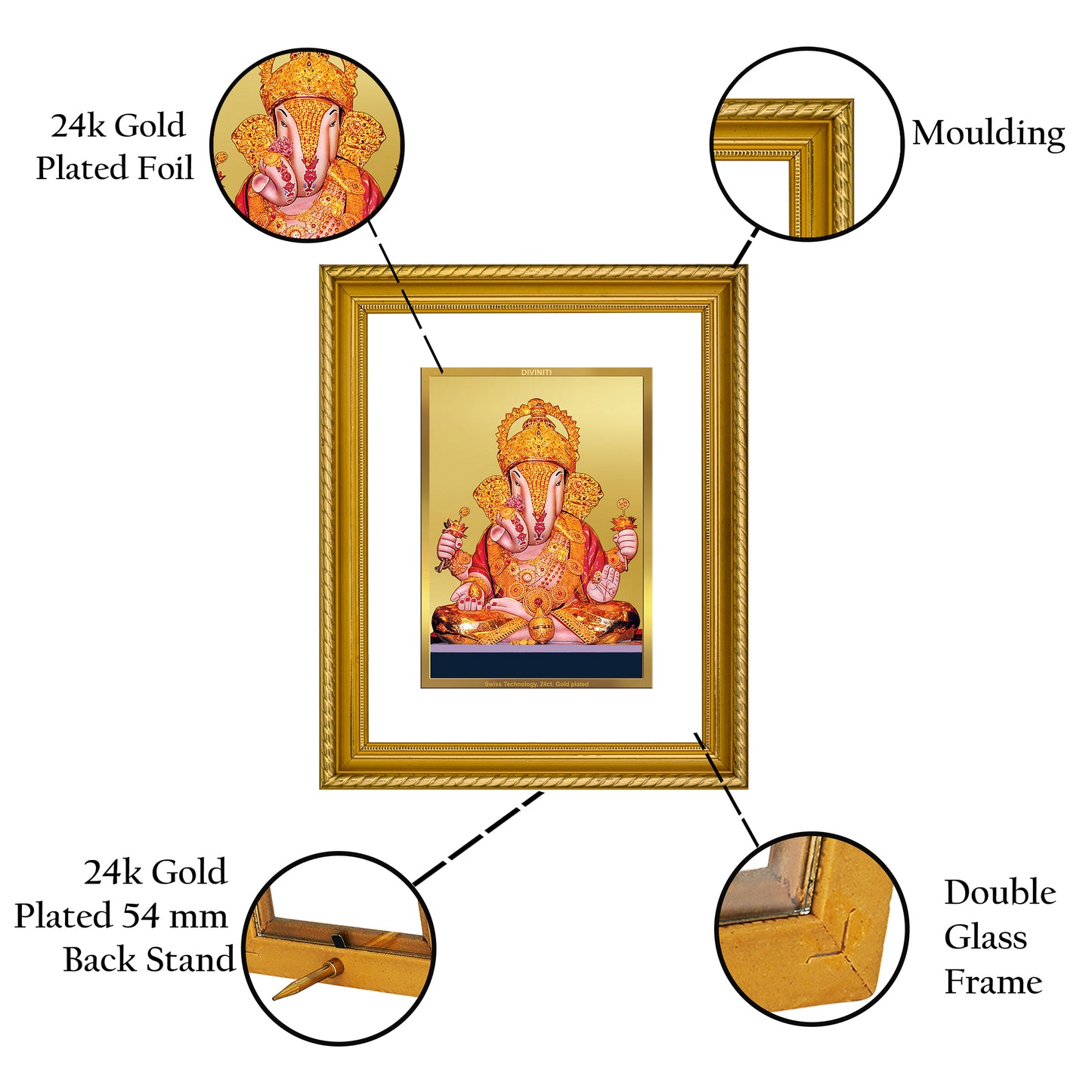 Diviniti 24K Gold Plated Dagdu Ganesha Wooden Photo Frame for Home & Office Decor, Wall Hanging, Tabletop, Puja Room, Gift DG056S2.5 (29.5x24.5 CM)