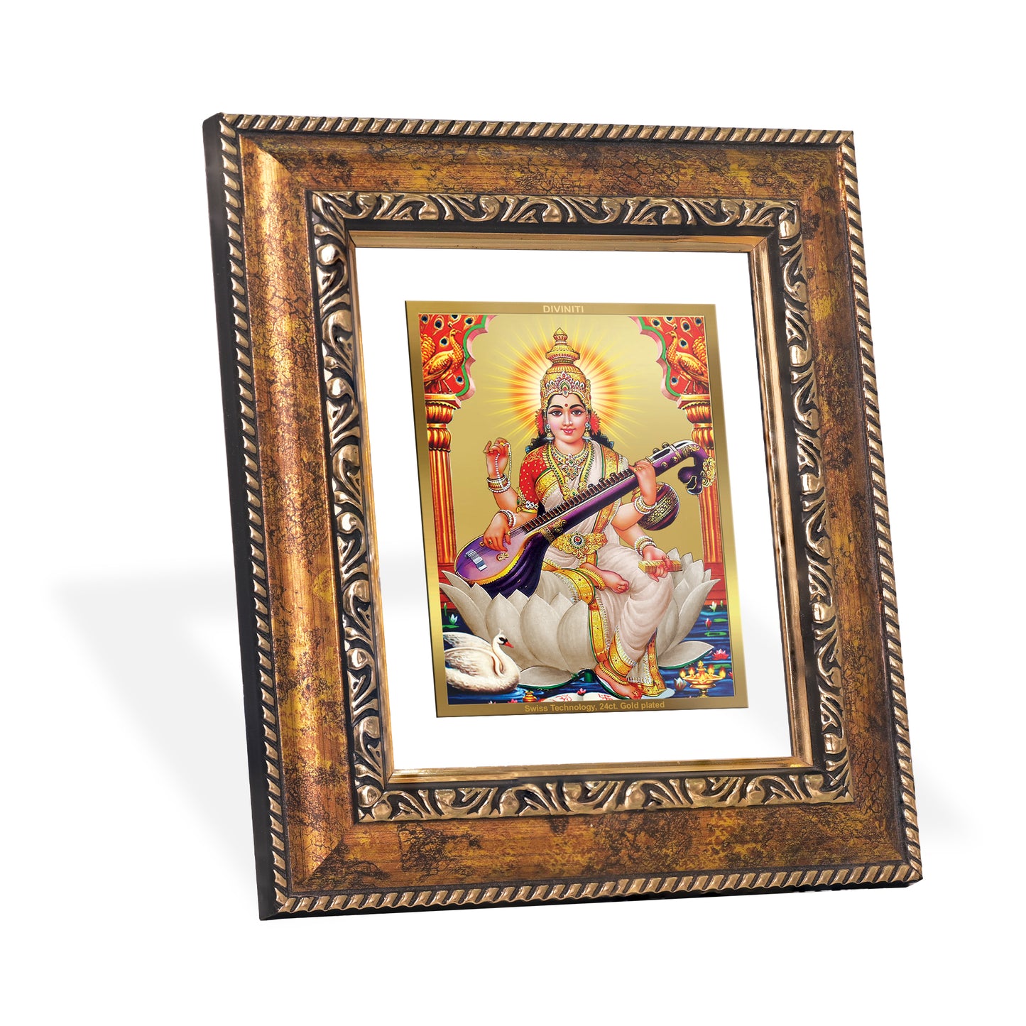 DIVINITI 24K Gold Plated Foil Saraswati Wall Photo Frame, Table Decor for Home & Office Decor Gift Items DG 113 Size 1 (17.7x15.9 CM)