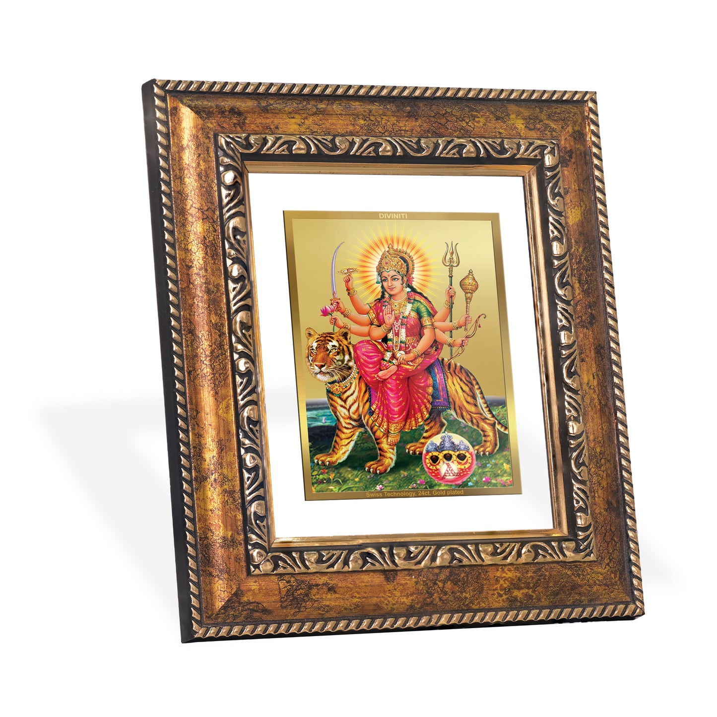 DIVINITI 24K Gold Plated Foil Durga Wall Photo Frame, Table Decor for Home & Office Decor Gift Items DG 113 Size 1 (17.7x15.9 CM)