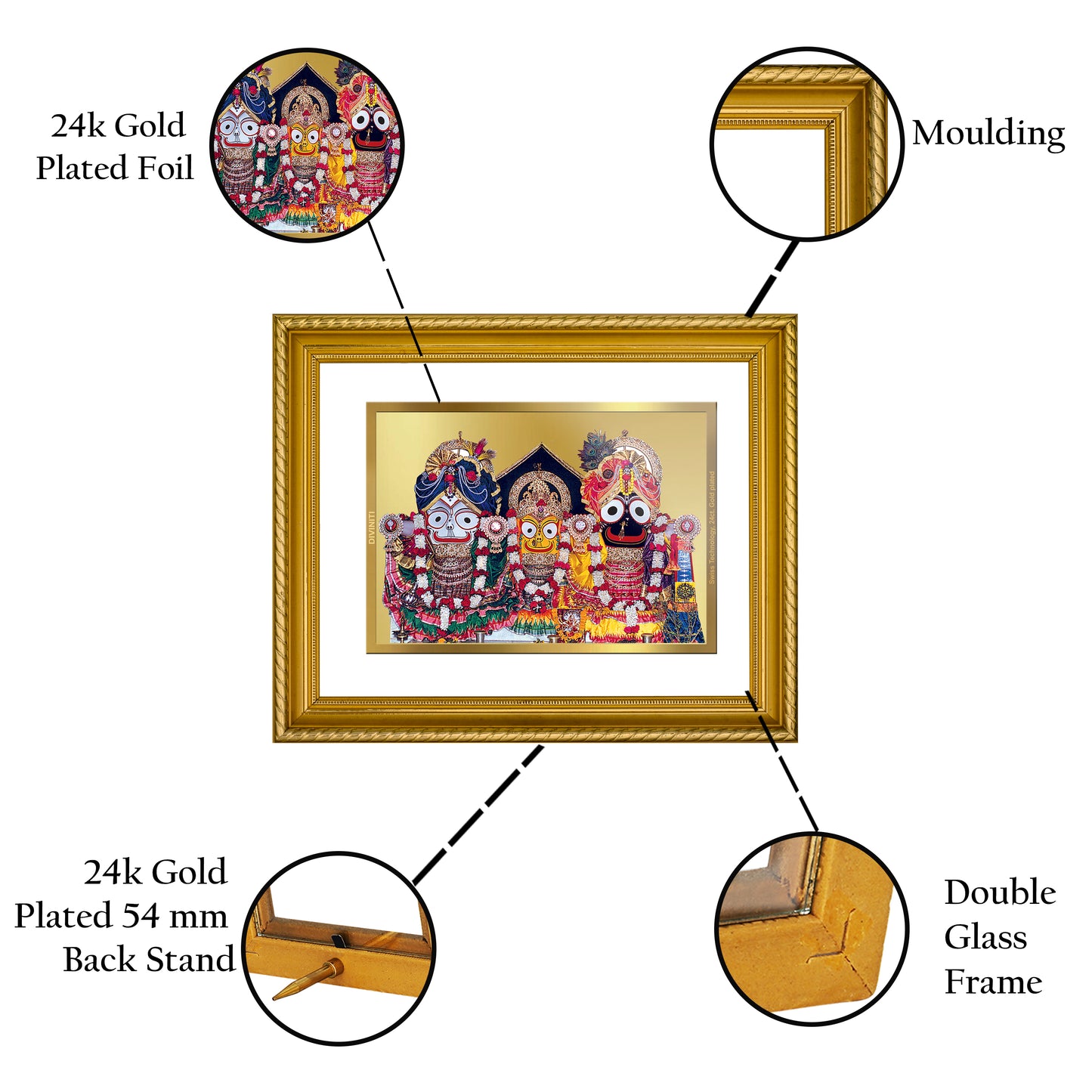 Diviniti 24K Gold Plated Jagannath Wooden Photo Frame for Home & Office Decor, Wall Hanging, Tabletop, Puja Room, Gift DG056S2.5 (29.5x24.5 CM)