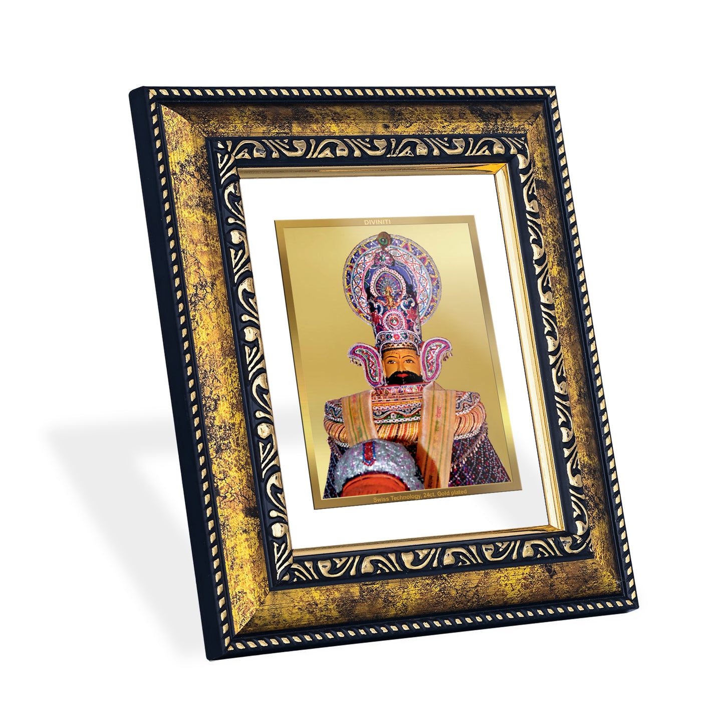 DIVINITI 24K Gold Plated Foil Khatu Shyam Photo Frame for Home Decor, Puja Room, Table Top, Wall Hanging, Workshop, Luxurious Gift|DG113 Size 2 (22.6x18.4 CM)