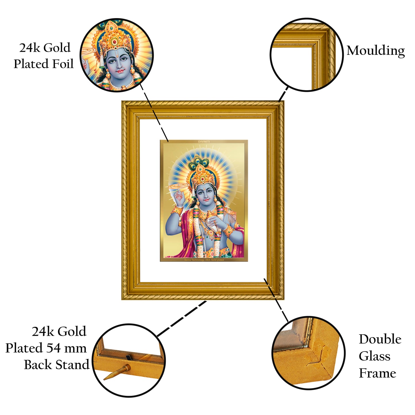 Diviniti 24K Gold Plated Vishnu Wooden Photo Frame for Home & Office Decor, Wall Hanging, Tabletop, Puja Room, Gift DG056S2.5 (29.5x24.5 CM)