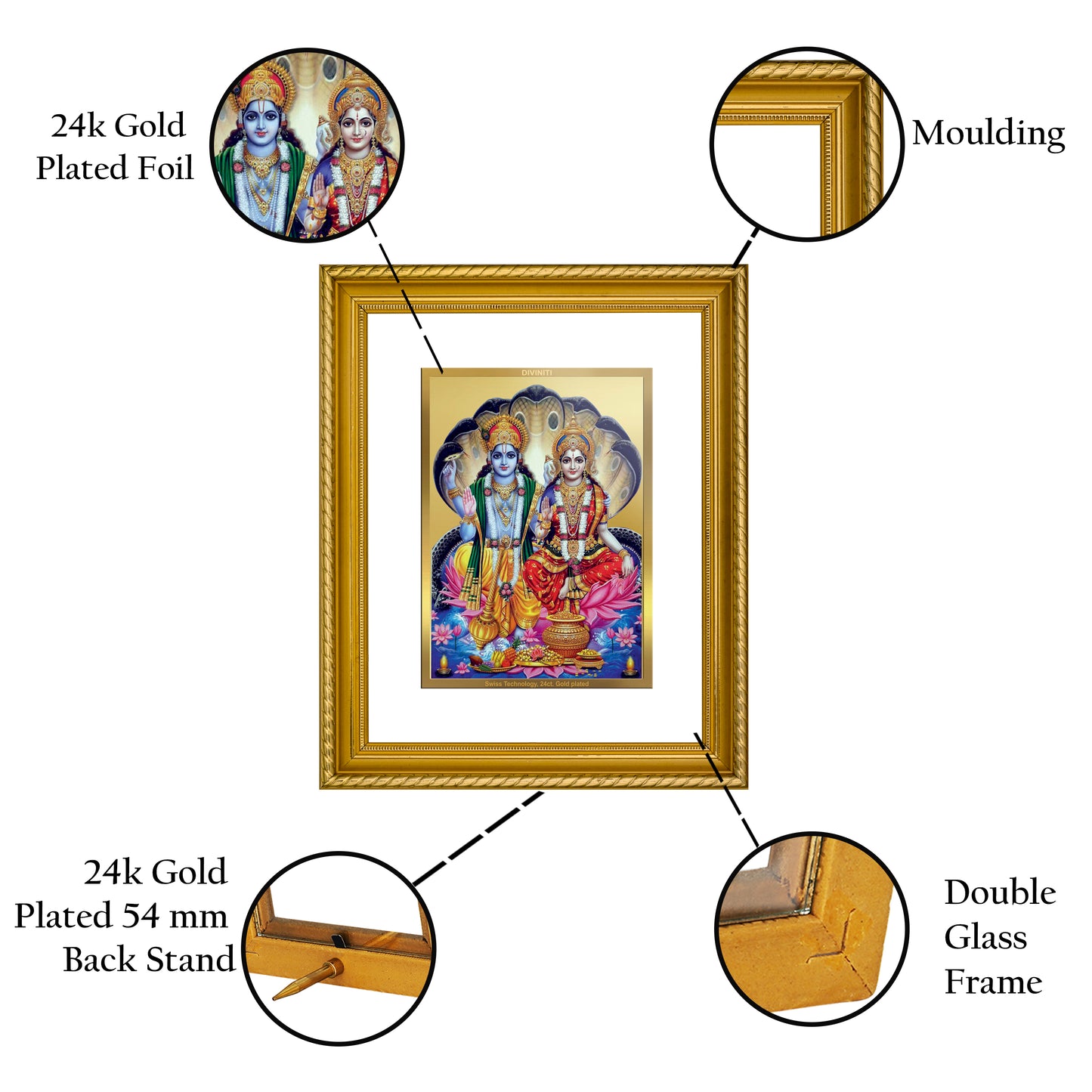 Diviniti 24K Gold Plated Vishnu Lakshmi Wooden Photo Frame for Home & Office Decor, Wall Hanging, Tabletop, Puja Room, Gift DG056S2.5 (29.5x24.5 CM)