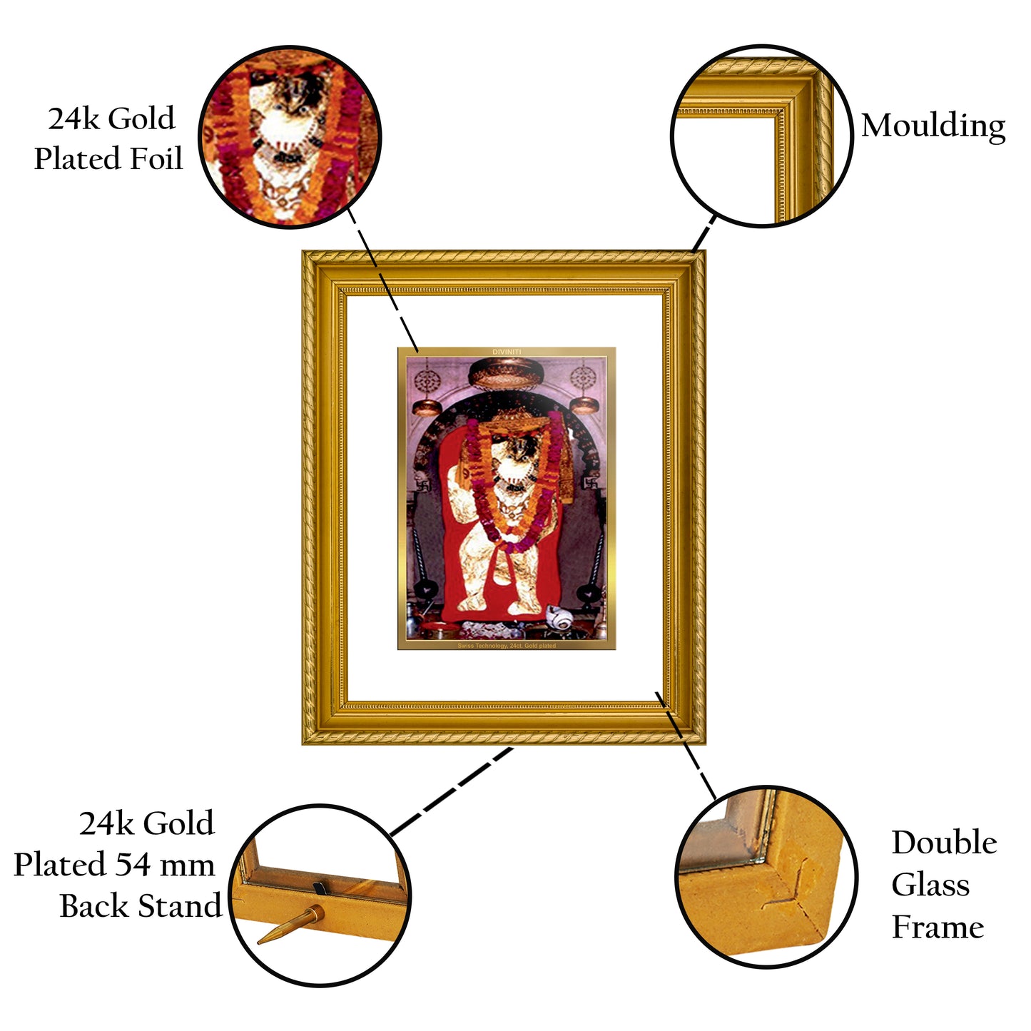 Diviniti 24K Gold Plated Mahendipur Balaji Wooden Photo Frame for Home & Office Decor, Wall Hanging, Tabletop, Puja Room, Gift DG056S2.5 (29.5x24.5 CM)