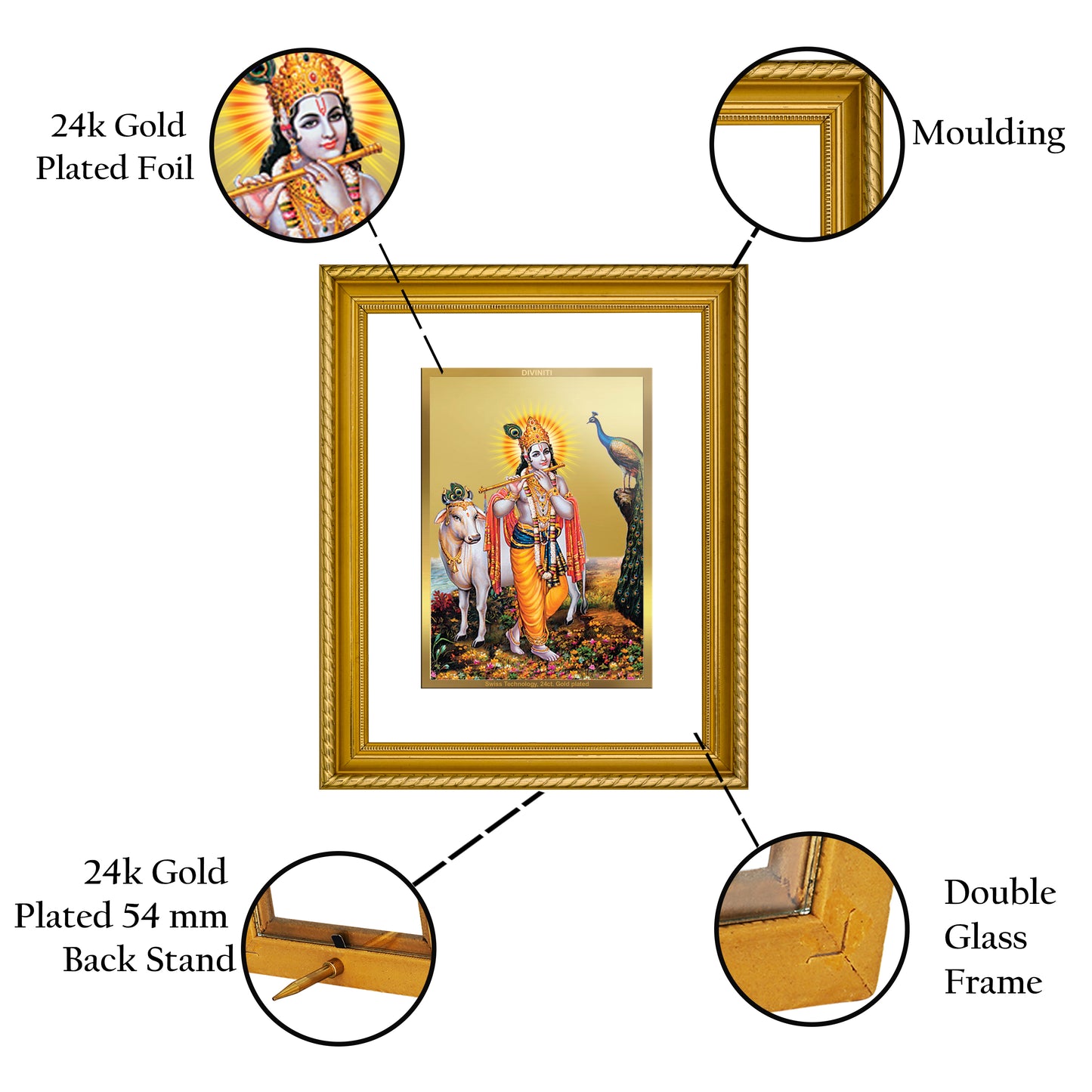 Diviniti 24K Gold Plated Krishna Wooden Wall Photo Frame for Home & Office Decor, Tabletop, Puja Room, Gift DG056S2.5 (29.5x24.5 CM)