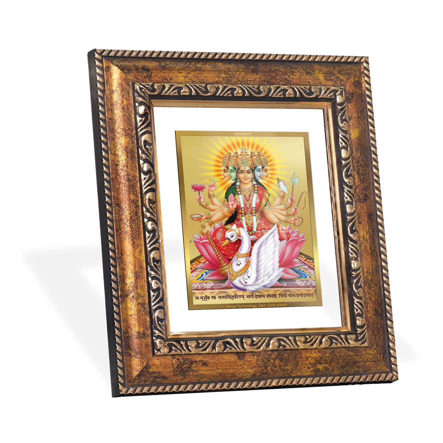 DIVINITI 24K Gold Plated Foil Gayatri Mata Wall Photo Frame, Table Decor for Home & Office Decor Gift Items DG 113 Size 1 (17.7x15.9 CM)