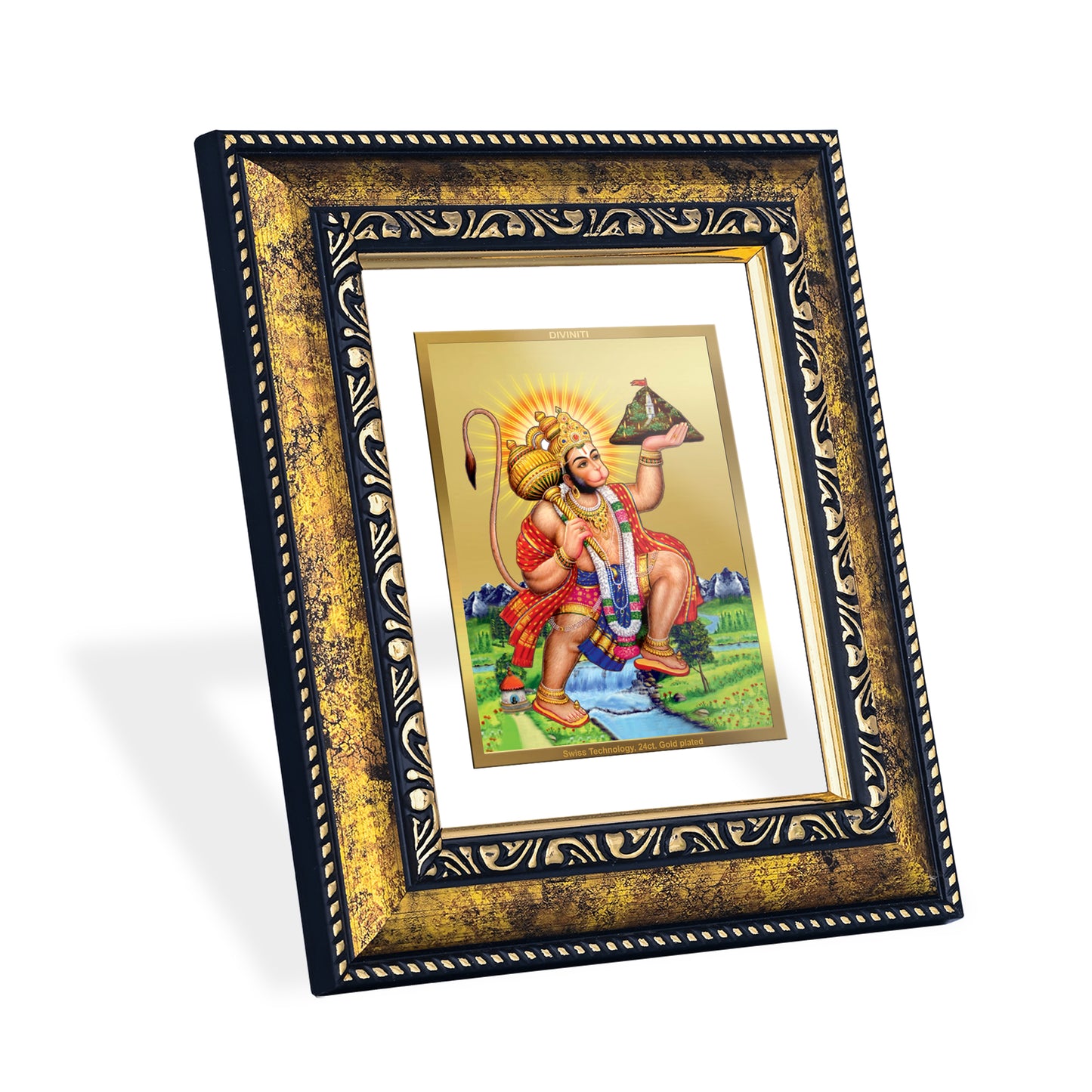 DIVINITI 24K Gold Plated Foil Hanuman With Parvat Photo Frame for Home & Office Decor, Wall Hanging, Workshop, Table Top, Gift|DG113 Size 2 (22.6x18.4 CM)