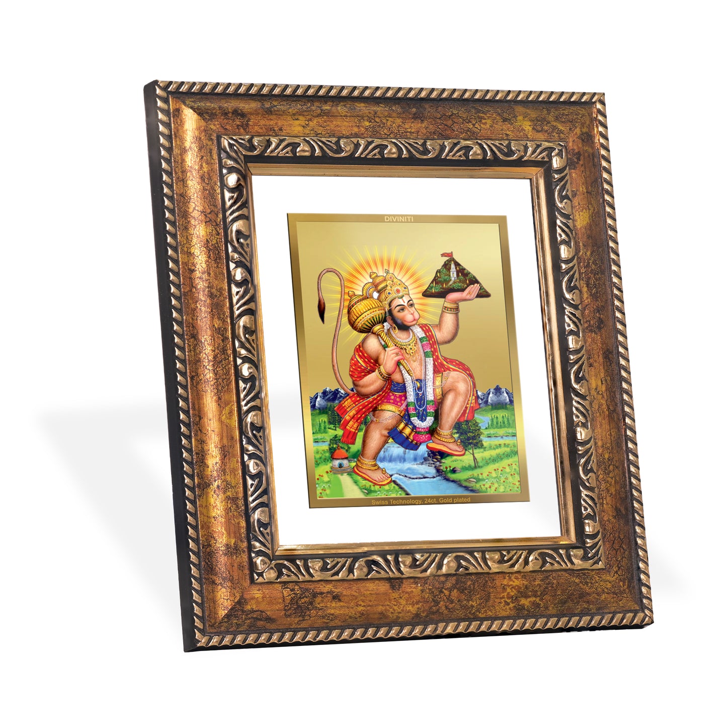 DIVINITI 24K Gold Plated Foil Hanuman with Parvat Wall Photo Frame, Table Decor for Home & Office Decor Gift Items DG 113 Size 1 (17.7x15.9 CM)