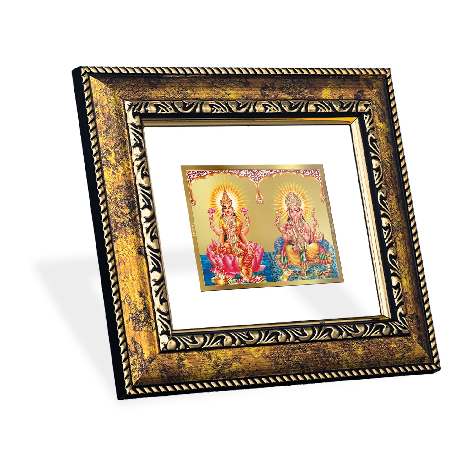 DIVINITI 24K Gold Plated Lakshmi & Ganesha Photo Frame Idol for Home Decor, Puja Room, Table Top, Wall Hanging, Workshop, Luxurious Gift|DG113 Size 2 (22.6x18.4 CM)