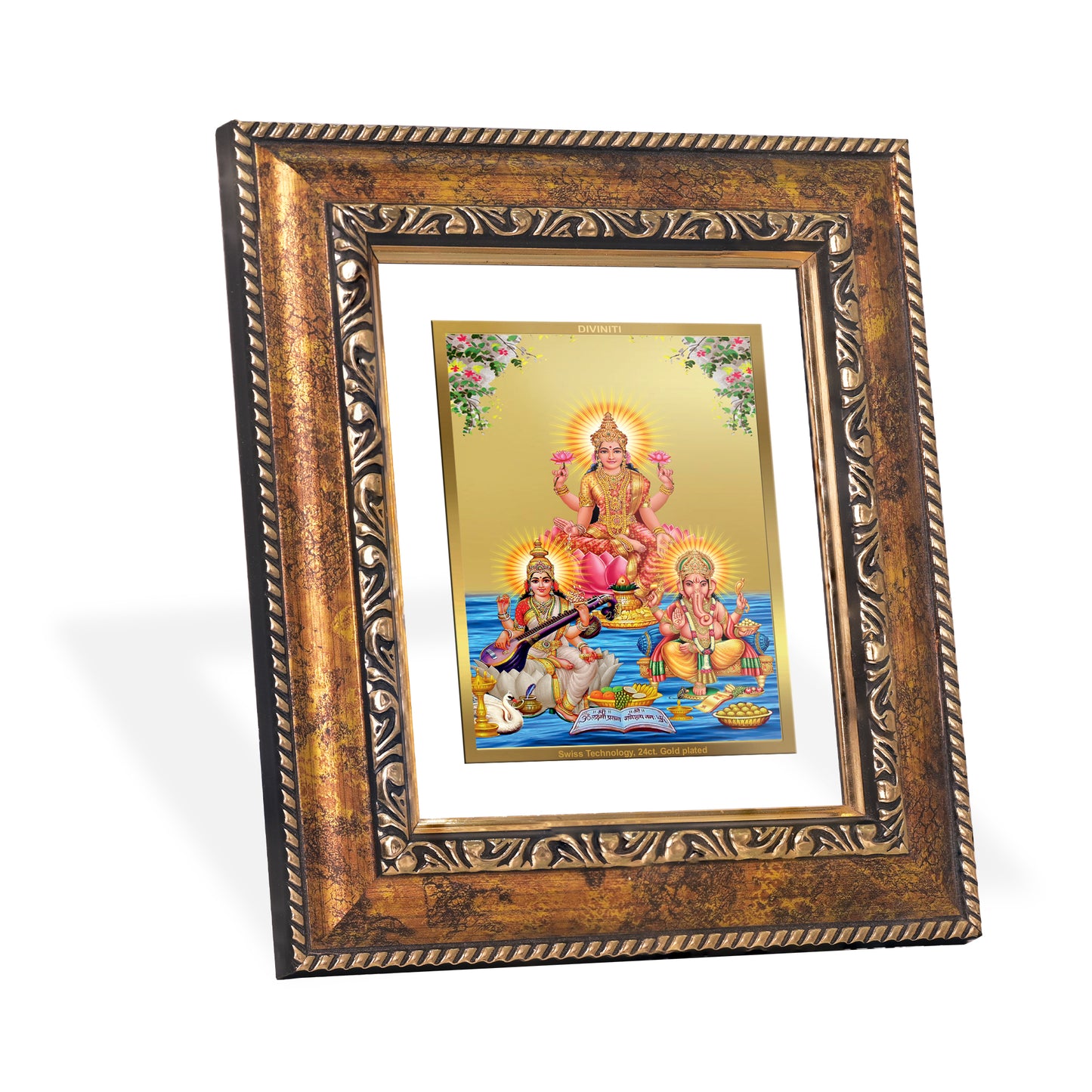 DIVINITI 24K Gold Plated Foil Lakshmi Ganesha Saraswati Wall Photo Frame, Table Decor for Home & Office Decor Gift Items DG 113 Size 1 (17.7x15.9 CM)