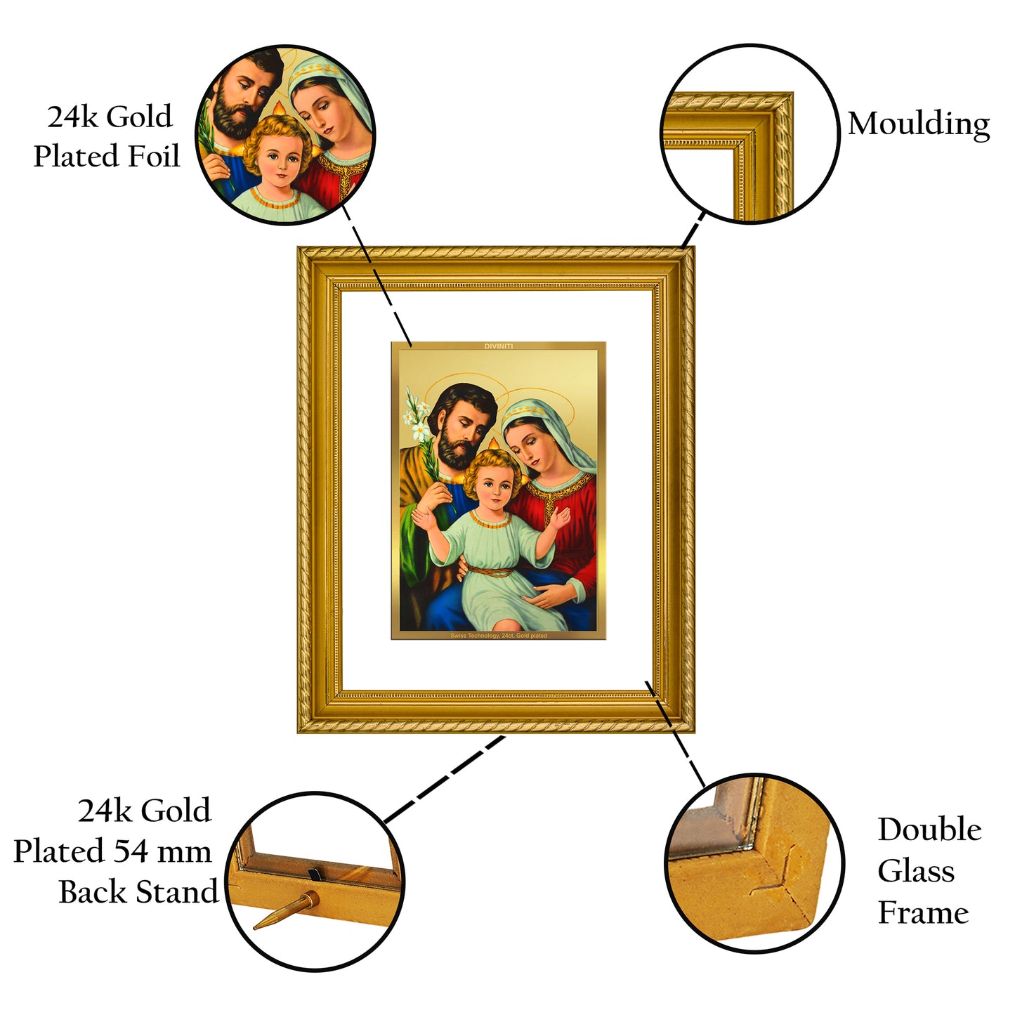 DIVINITI 24K Gold Plated Holy Family Wall Photo Frame for Home Decor, Wall Hanging, Table Top, Puja Room & Gift DG056S3 (27.6X35.4 CM)