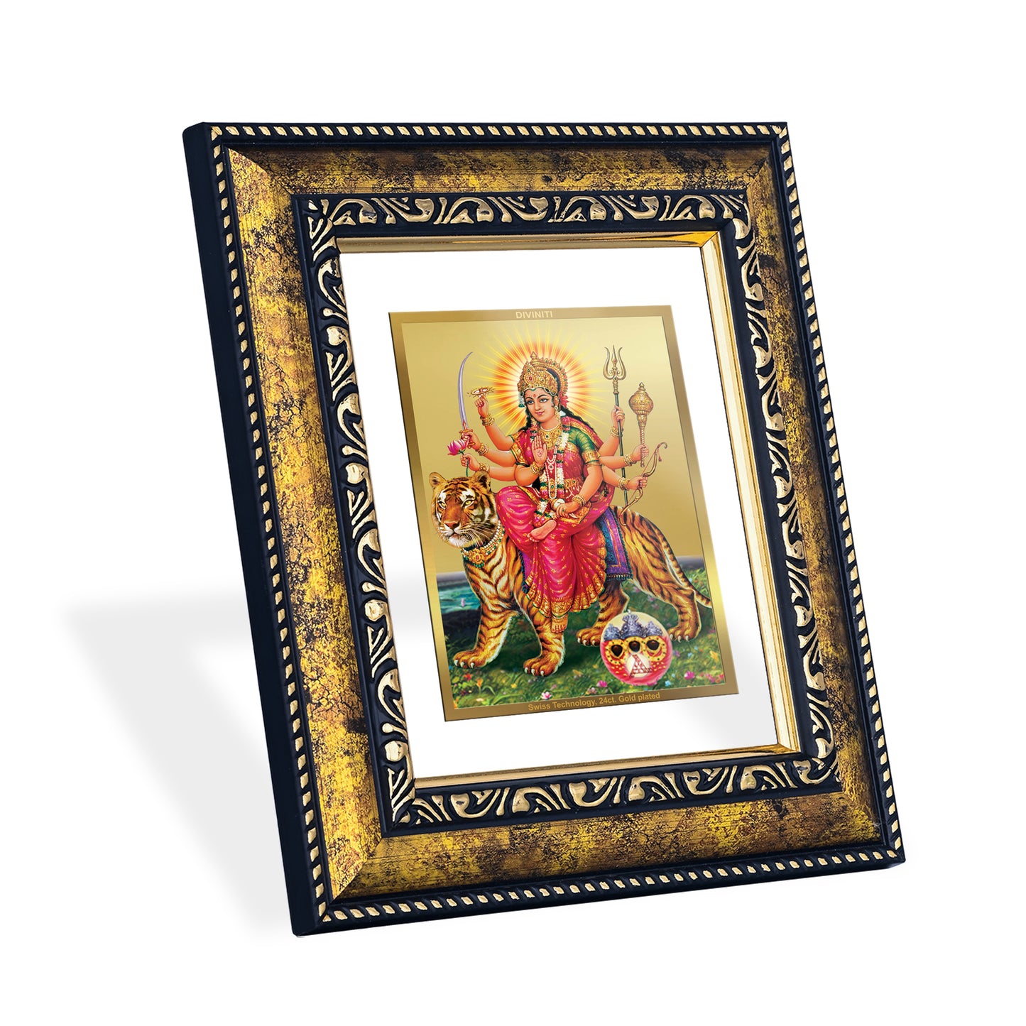 DIVINITI 24K Gold Plated Foil Goddess Durga Photo Frame Idol for Wall Hanging, Table Top, Home Decor, Workshop, Gift Item|DG113 Size 2 (22.6x18.4 CM)