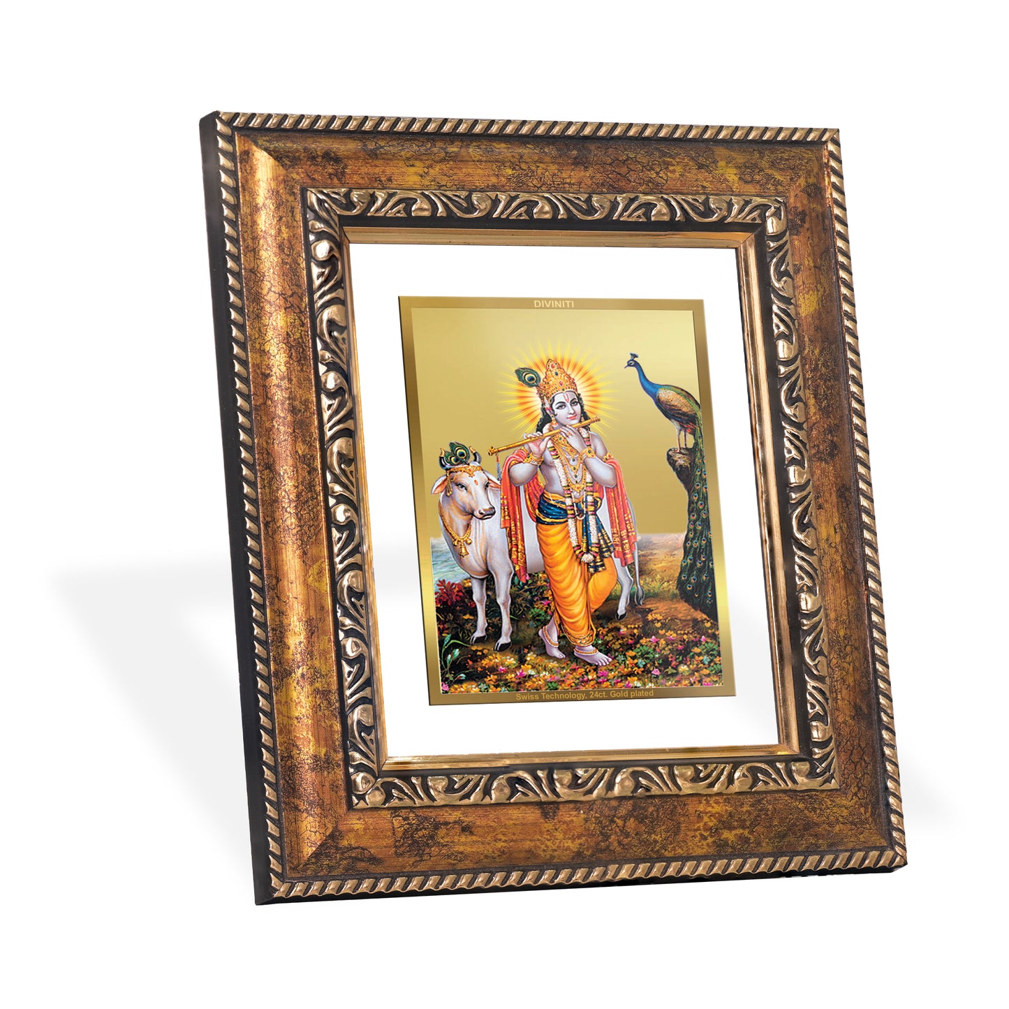 DIVINITI 24K Gold Plated Foil Lord Krishna Wall Photo Frame, Table Decor for Home & Office Decor Gift Items DG 113 Size 1 (17.7x15.9 CM)