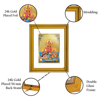 Diviniti 24K Gold Plated Lakshmi Ganesha Saraswati Wooden Photo Frame for Home & Office Decor, Wall Hanging, Tabletop, Puja Room, Gift DG056S2.5 (29.5x24.5 CM)