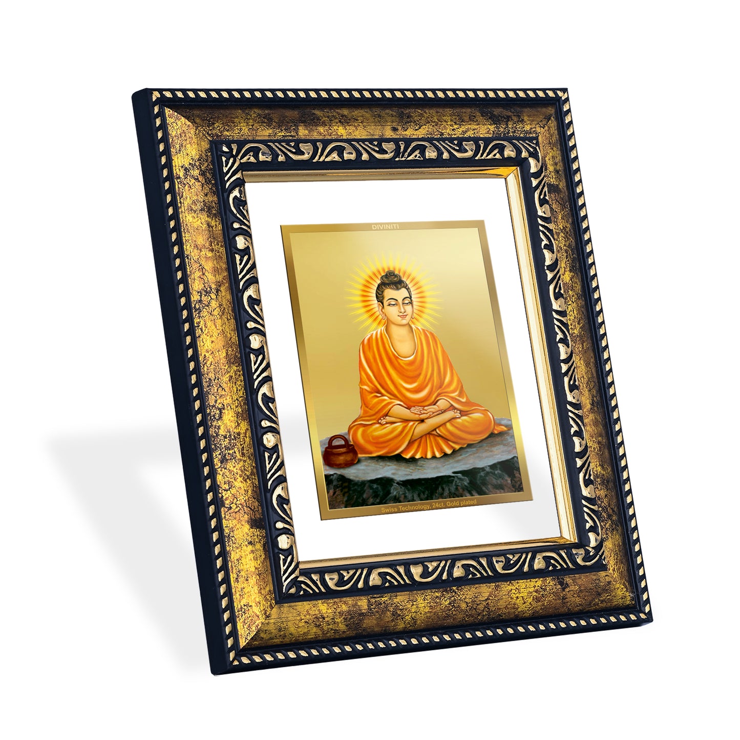 DIVINITI 24K Gold Plated Foil Lord Buddha Elegant Photo Frame for Puja Room, Home Wall Decor, Workshop, Table Top, Premium Gift|DG113 Size 2 (22.6x18.4 CM)