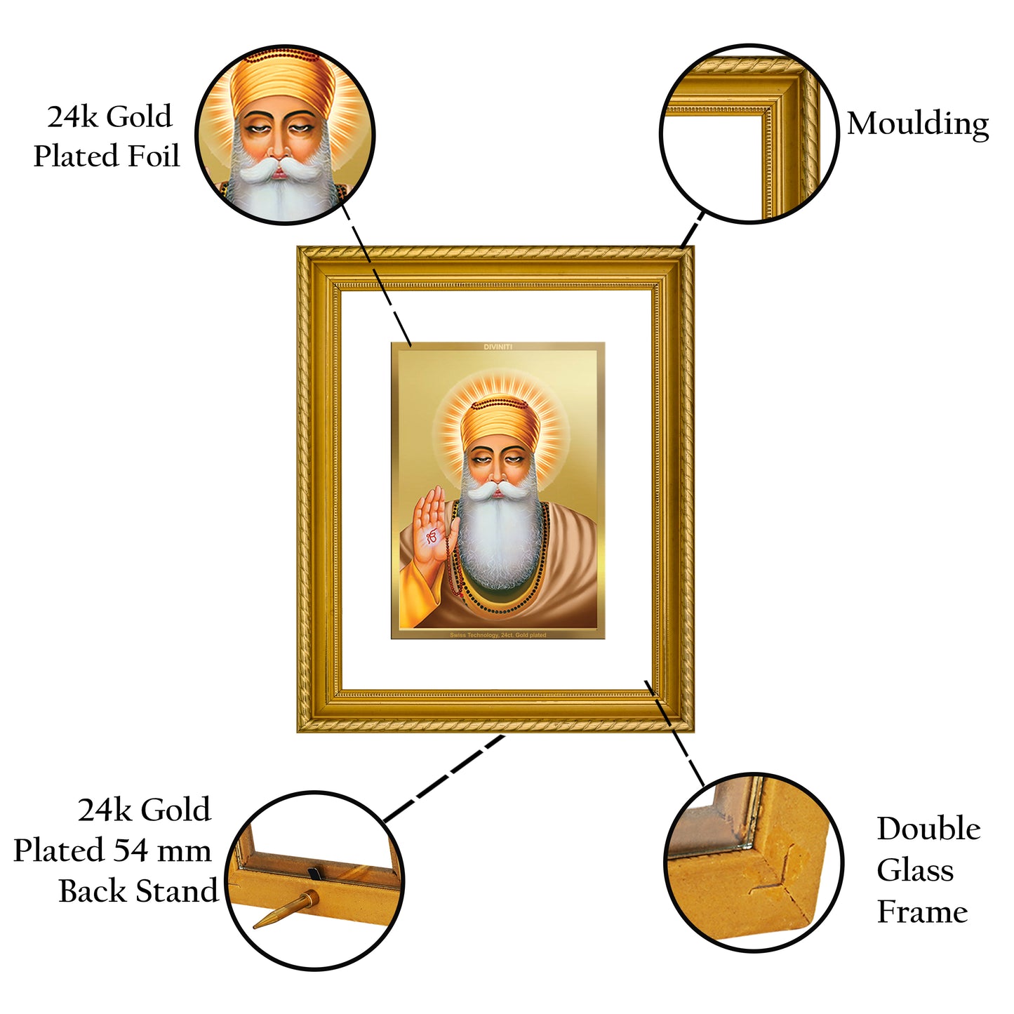 Diviniti 24K Gold Plated Guru Nanak Wooden Photo Frame for Home & Office Decor, Wall Hanging, Tabletop, Puja Room, Gift DG056S2.5 (29.5x24.5 CM)