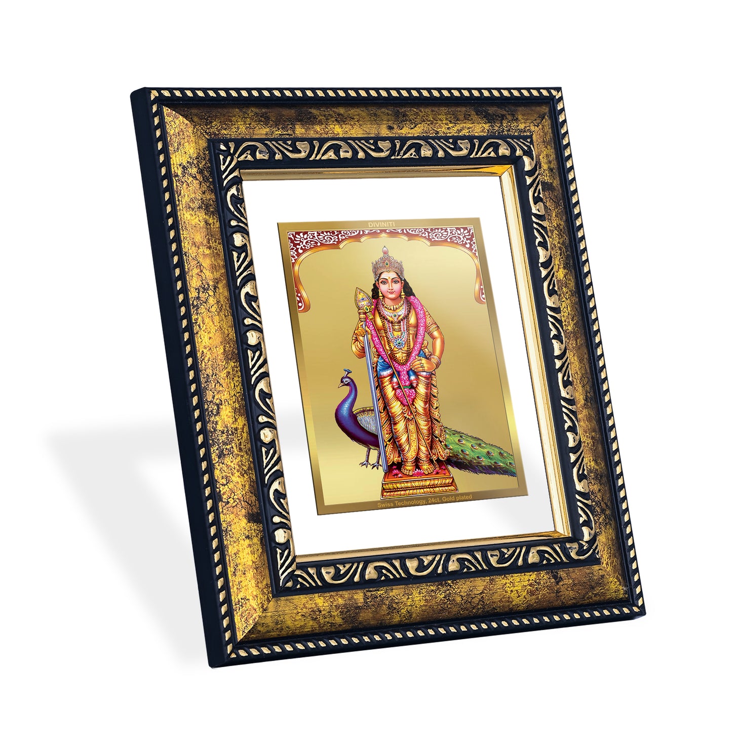 DIVINITI 24K Gold Plated Murugan Wooden Modern Photo Frame Idol for Puja Room, Home Wall Decor, Workshop, Table Top, Premium Gift | DG113 Size 2 (22.6x18.4 CM)