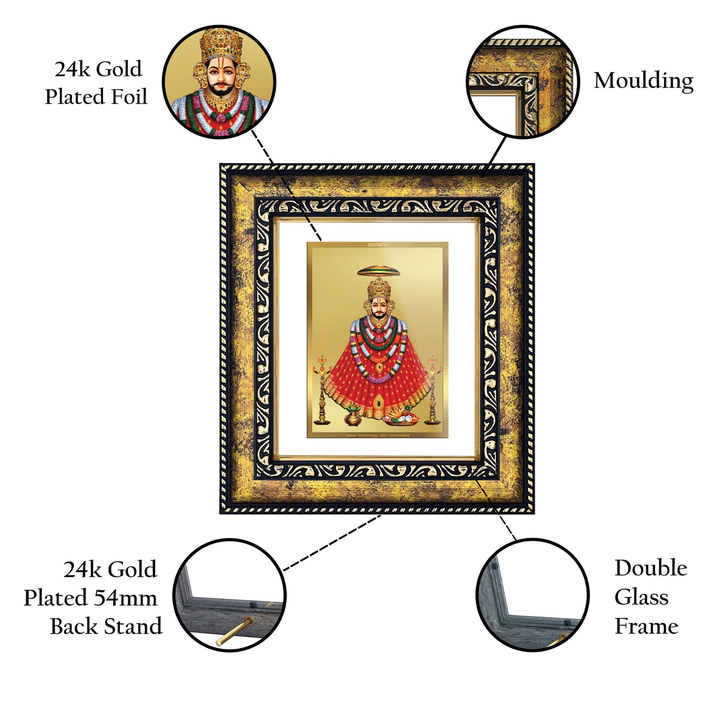 DIVINITI 24K Gold Plated Foil Khatu Shyam Photo Frame Idol for Puja Room, Home Wall Decor, Workshop, Table Top, Premium Gift|DG113 Size 2 (22.6x18.4 CM)