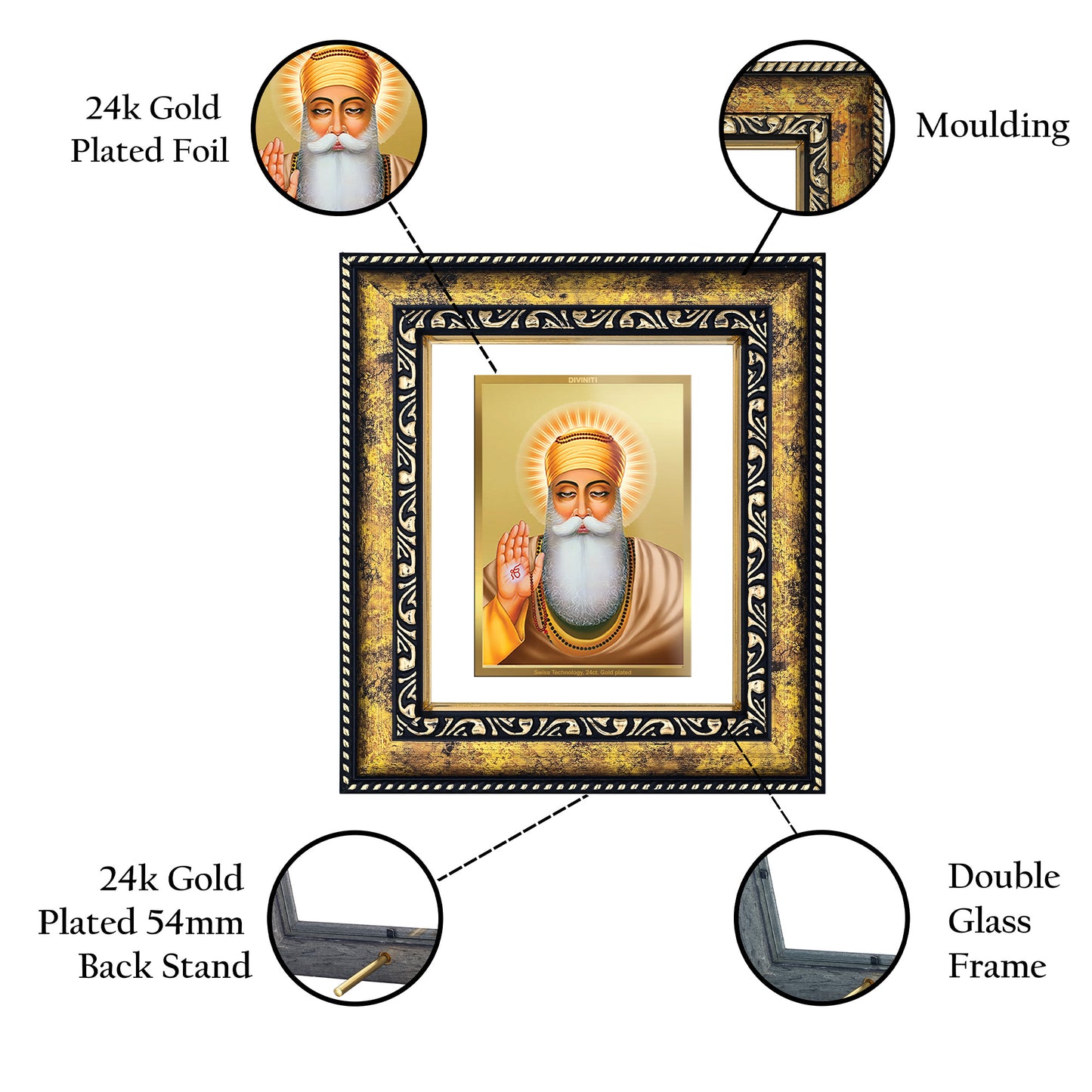 DIVINITI 24K Gold Plated Foil Guru Nanak Photo Frame for Puja Room, Home Wall Decor, Workshop, Table Top, Premium Gift|DG113 Size 2 (22.6x18.4 CM)